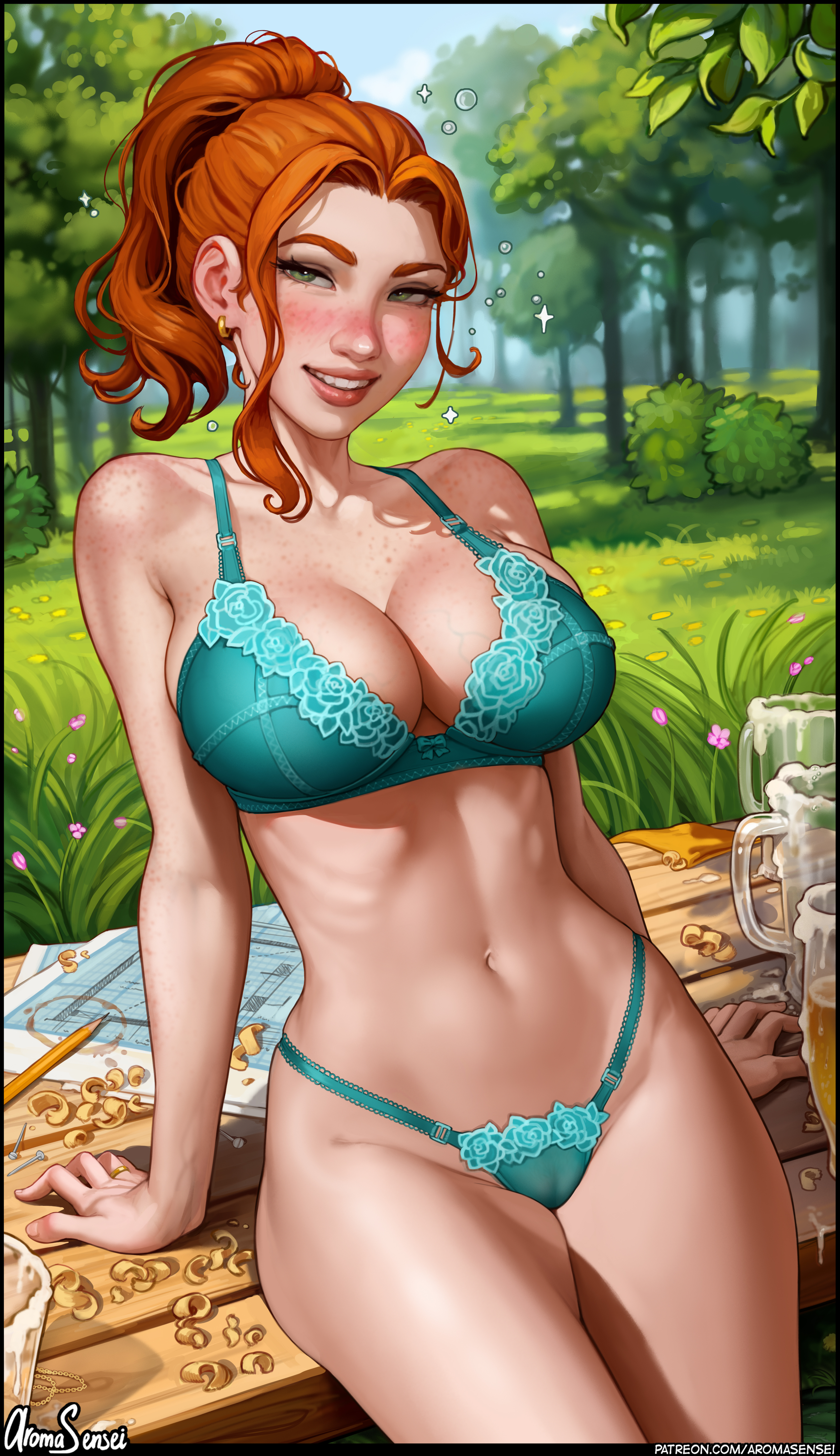 General 2886x5000 Robin (Stardew Valley) Stardew Valley video games video game girls video game characters redhead artwork drawing fan art Aroma Sensei lingerie smiling portrait display grass trees