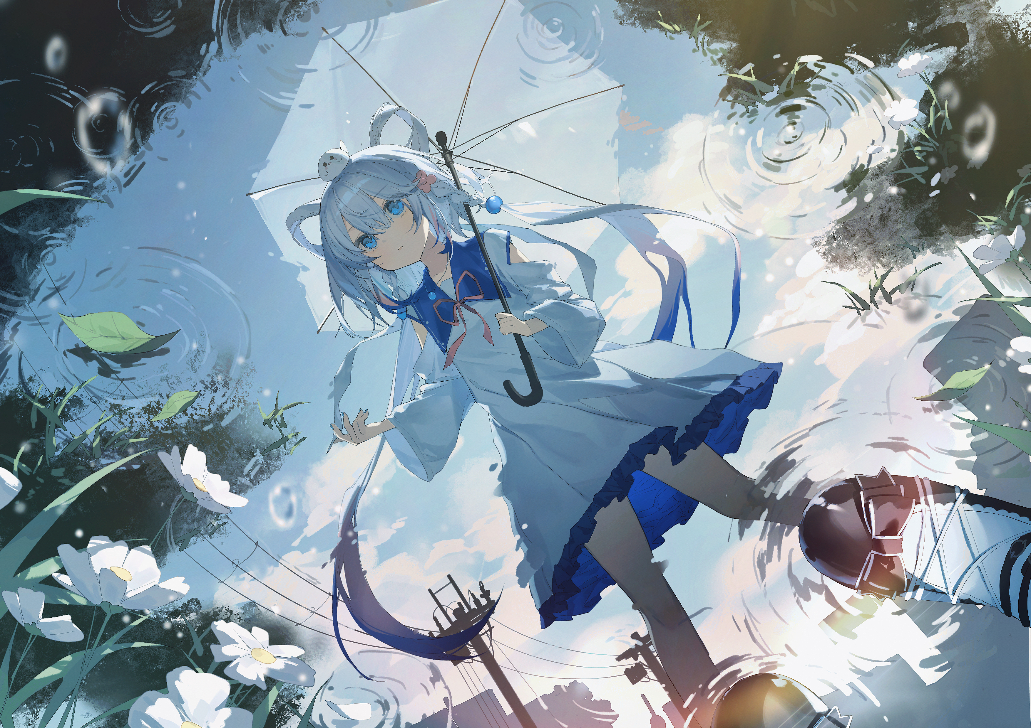 Anime 3508x2480 anime Pixiv anime girls long hair umbrella water leaves flowers blue hair blue eyes water drops reflection