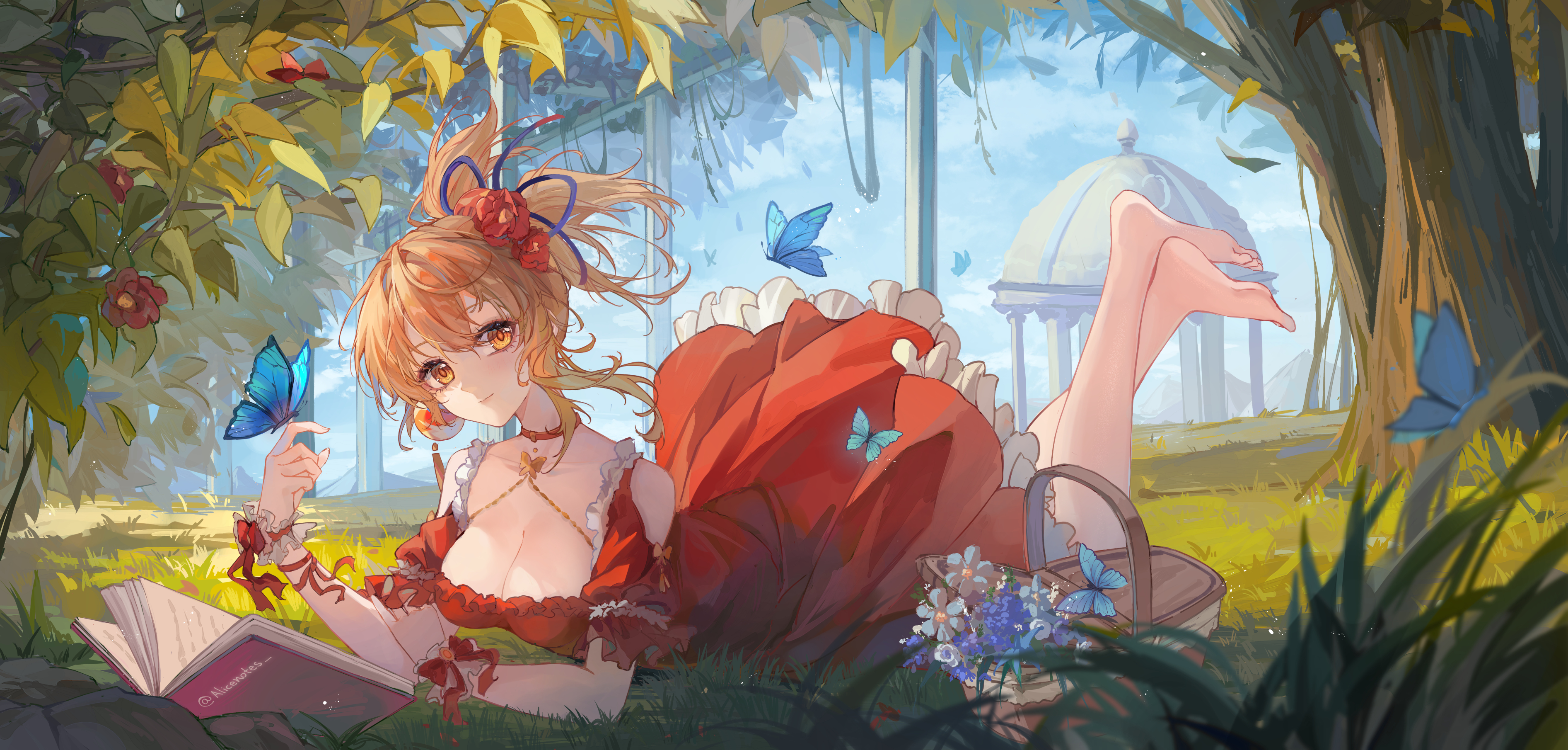 Anime 3785x1809 anime anime girls Genshin Impact cleavage lying on front dress Yoimiya (Genshin Impact) big boobs feet in the air feet butterfly grass leaves flowers books looking at viewer trees baskets sky clouds blonde yellow eyes flower in hair lixiang guo alice