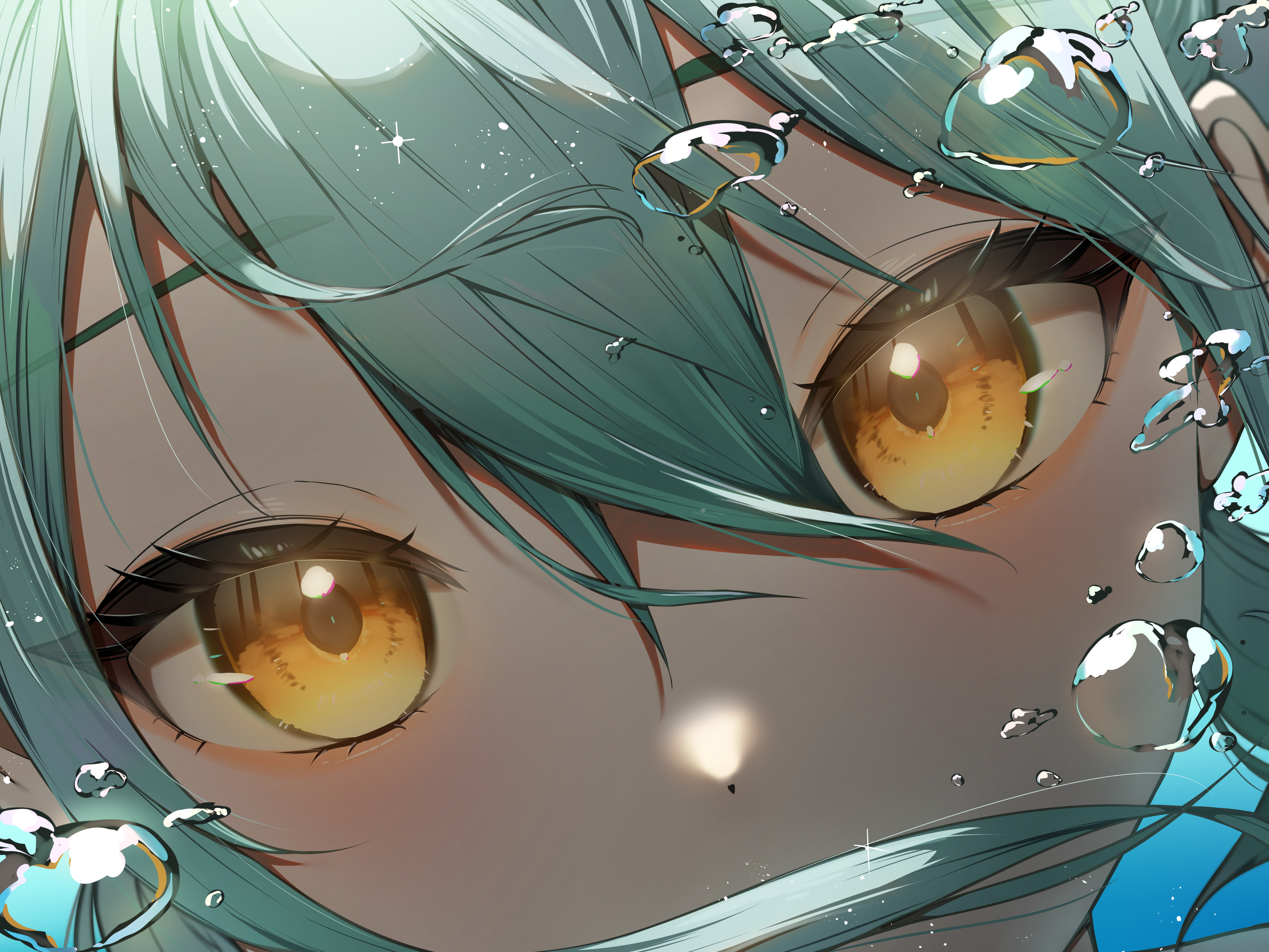 Anime 4000x3000 anime anime girls looking at viewer water water drops green hair yellow eyes closeup face