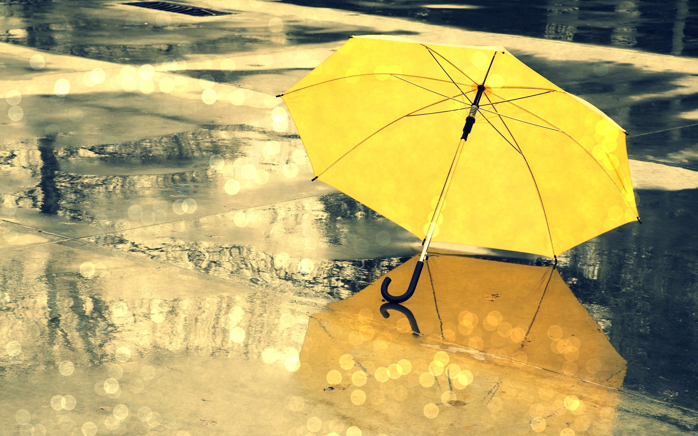 General 2880x1800 umbrella yellow rain wet bokeh street reflection