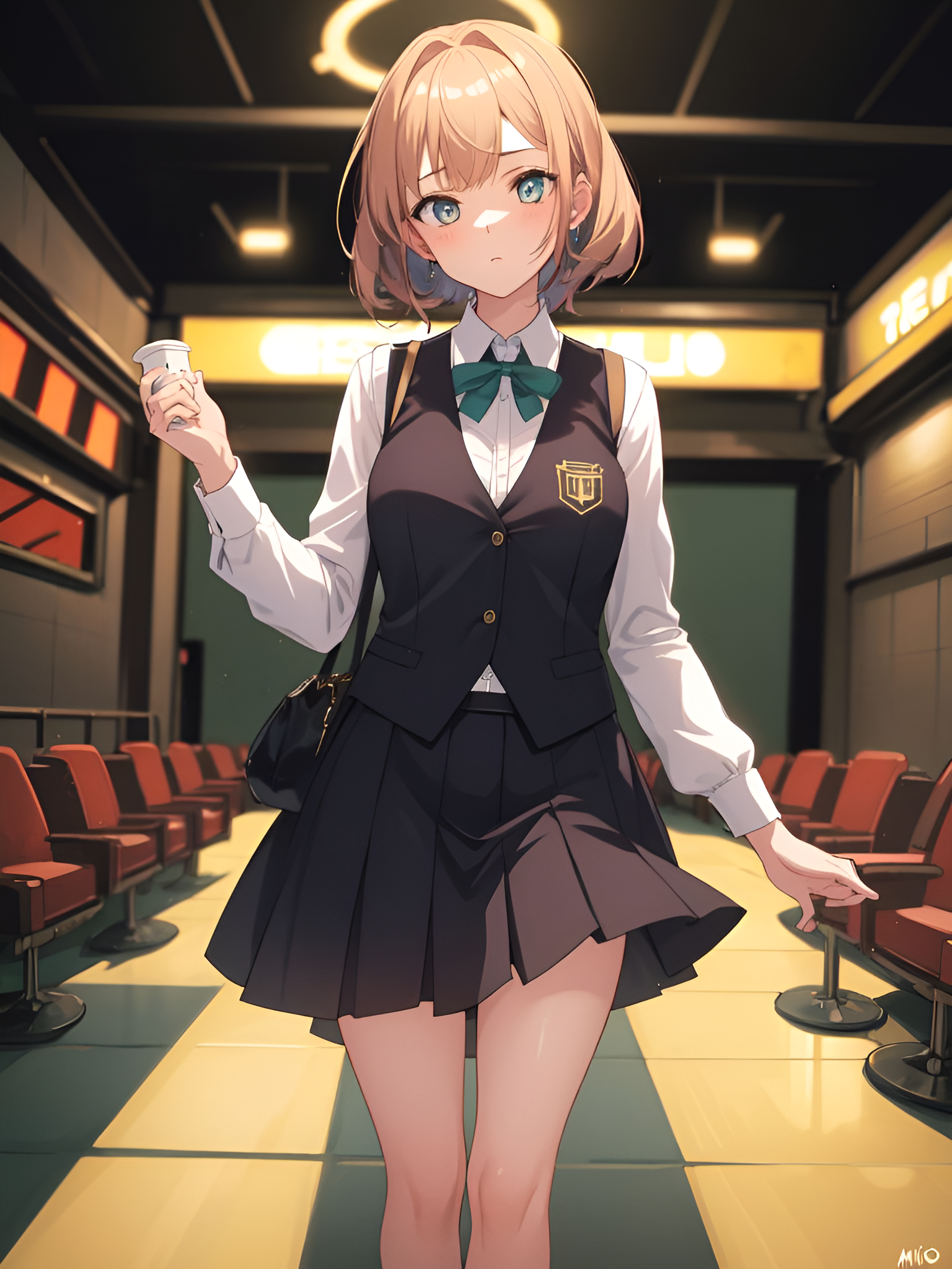 Anime 1536x2048 AI art anime girls portrait display bow tie uniform looking at viewer short hair chair