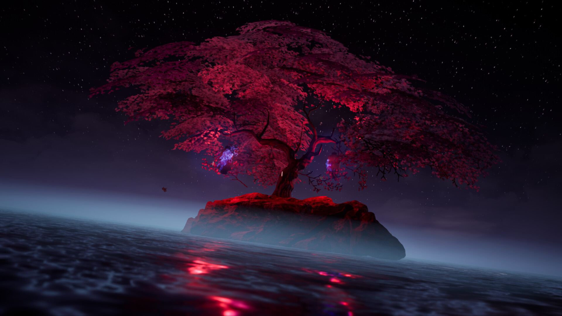 General 1920x1080 cherry trees night sky water island purple pink red desolate sea trees