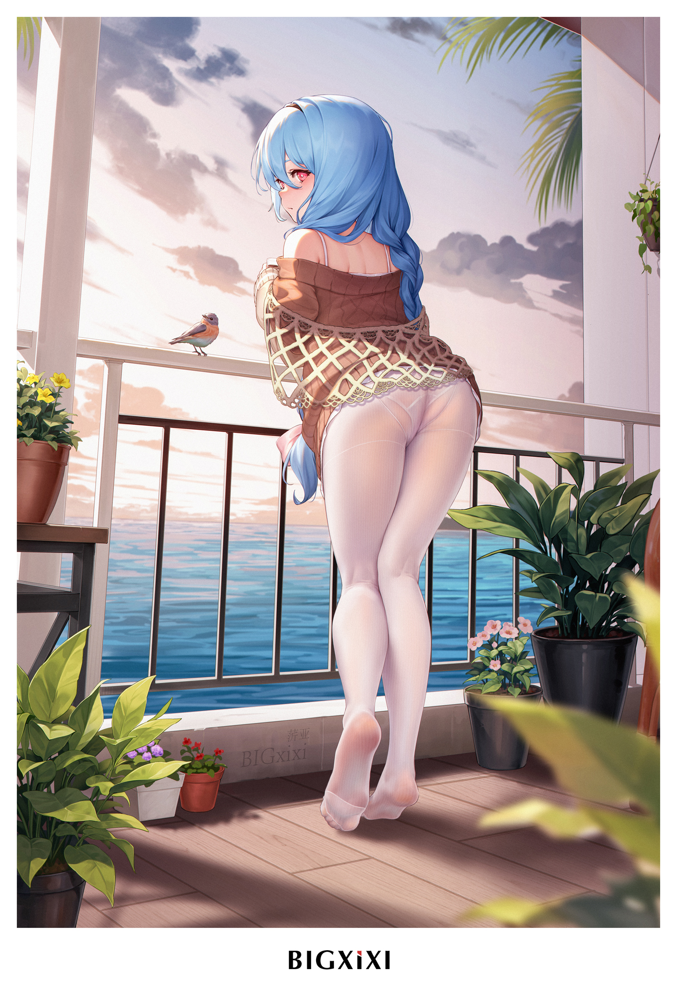 Anime 1362x2000 anime girls White silk ass pantyhose leaves water long hair looking back looking at viewer clouds sky blue hair plants flowers portrait display panties balcony Bigxixi