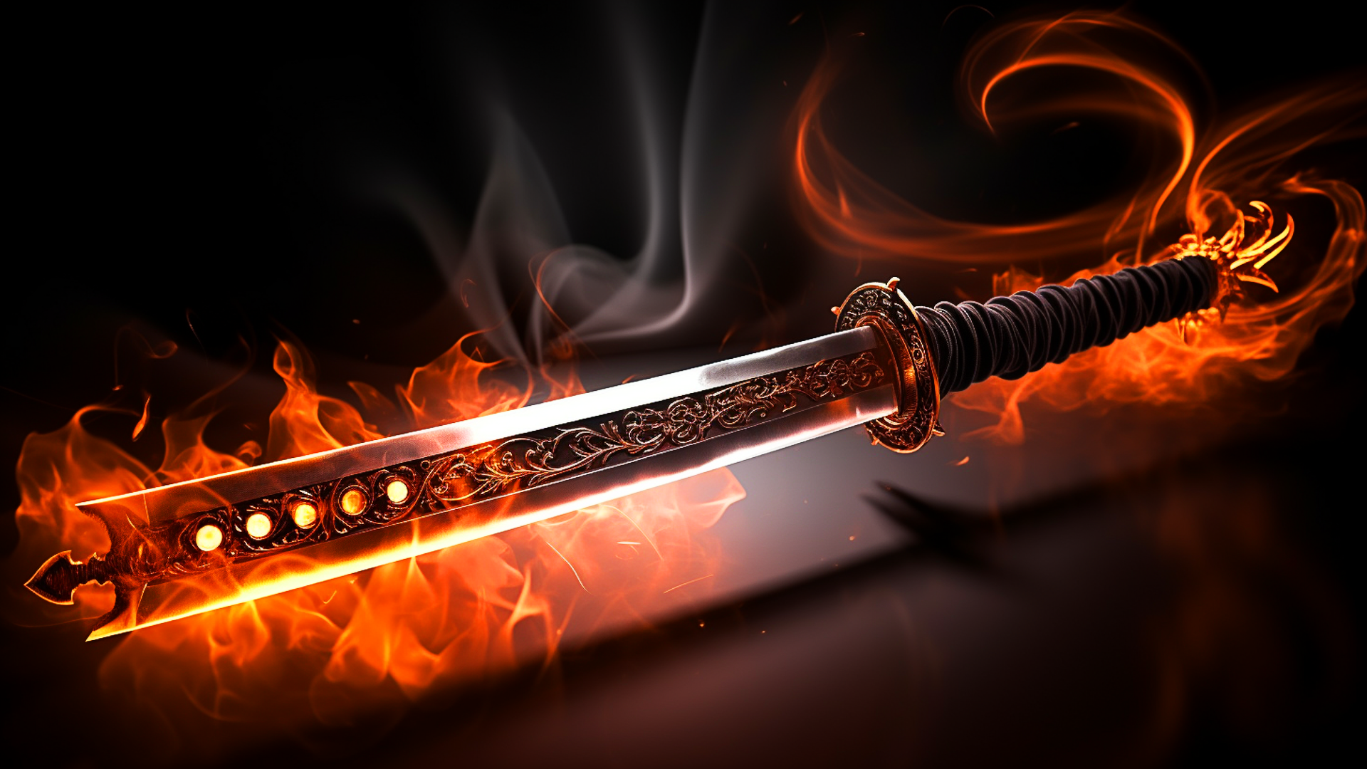 General 1920x1080 AI art sword flaming sword weapon simple background minimalism smoke fire