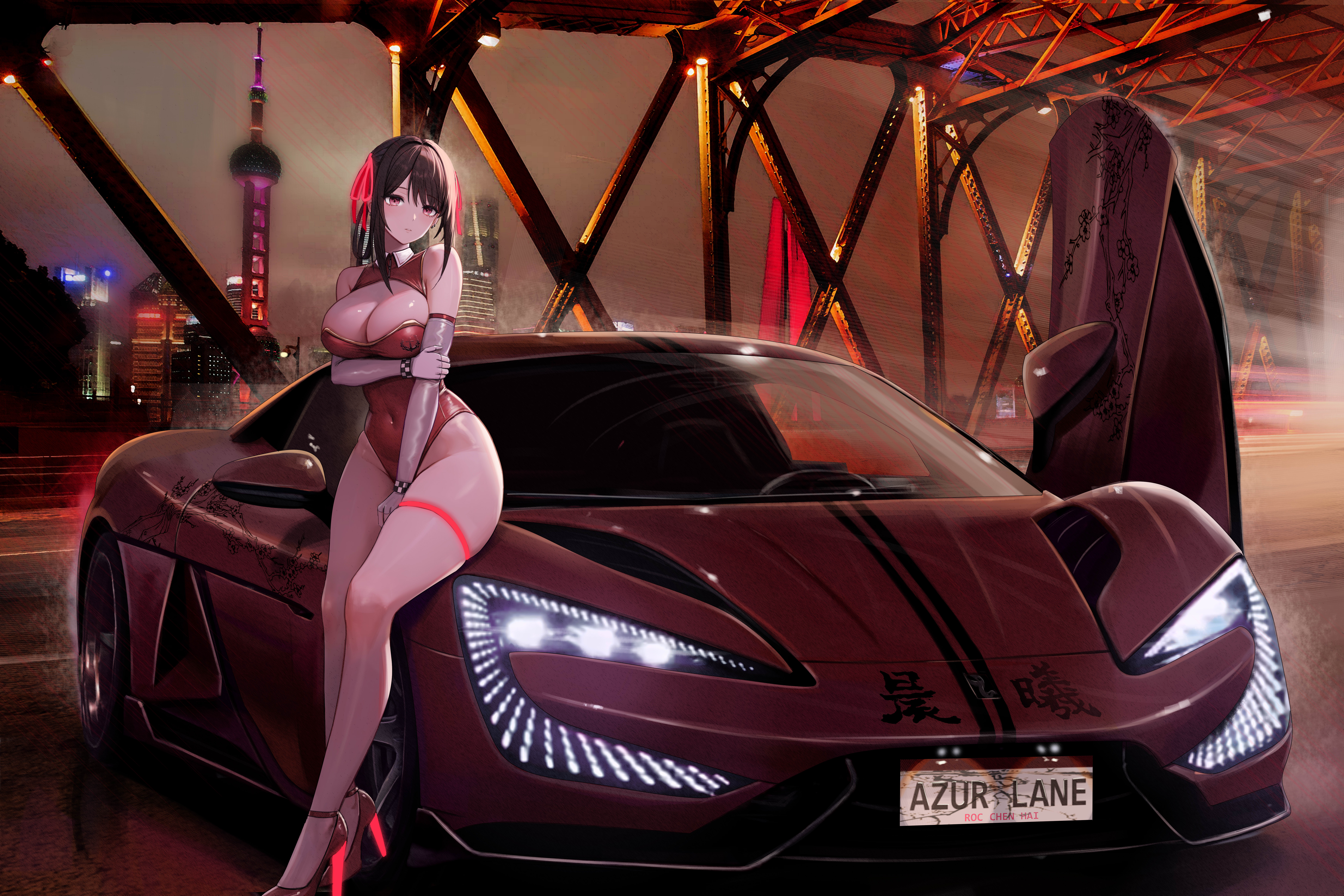 Anime 9000x6000 Race Queen Outfit Azur Lane Chen Hai (Azur Lane) anime girls cleavage thighs car headlights licence plates heels big boobs looking at viewer city city lights Shanghai