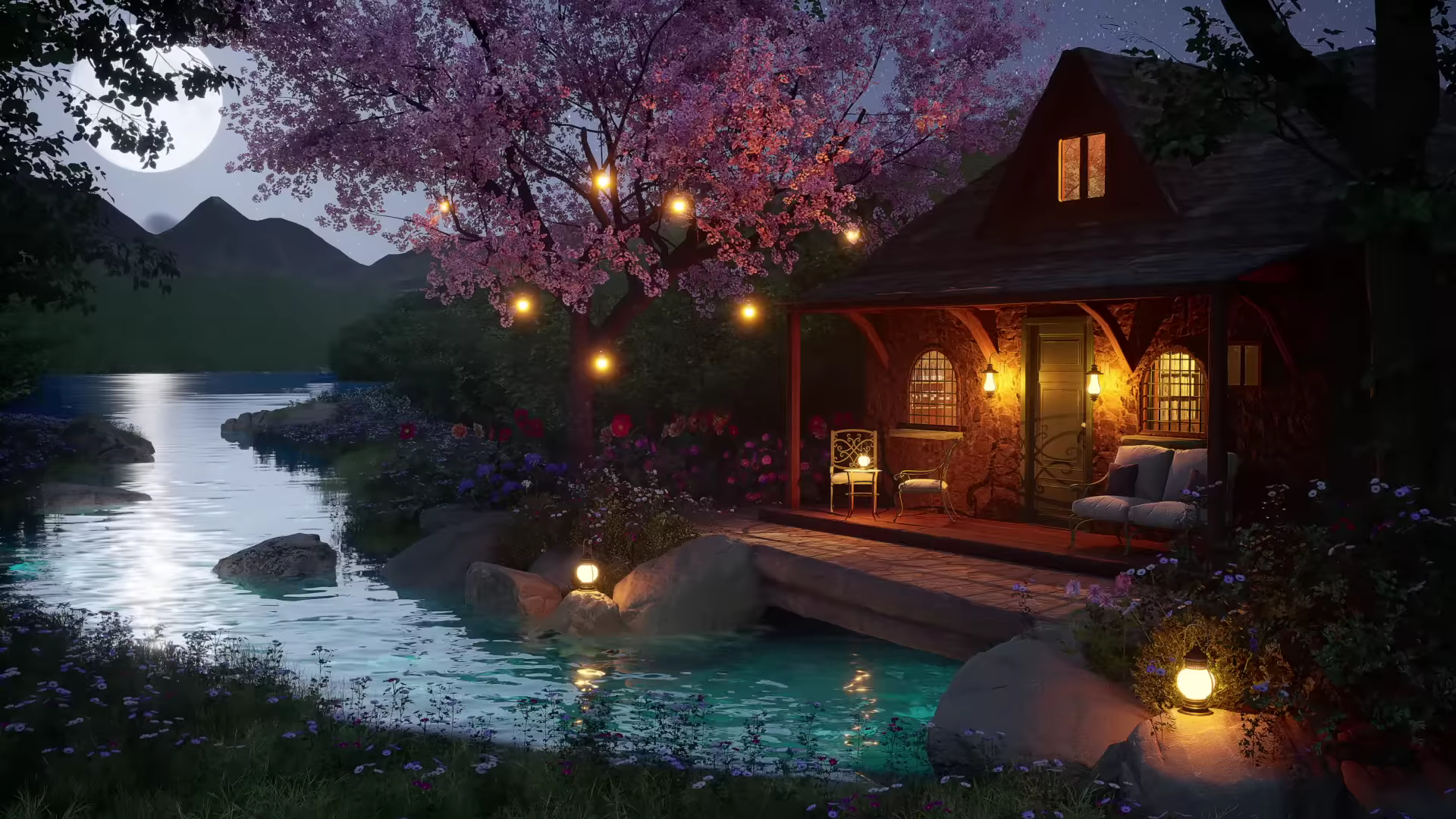 General 1920x1080 river house lights trees night Moon water flowers