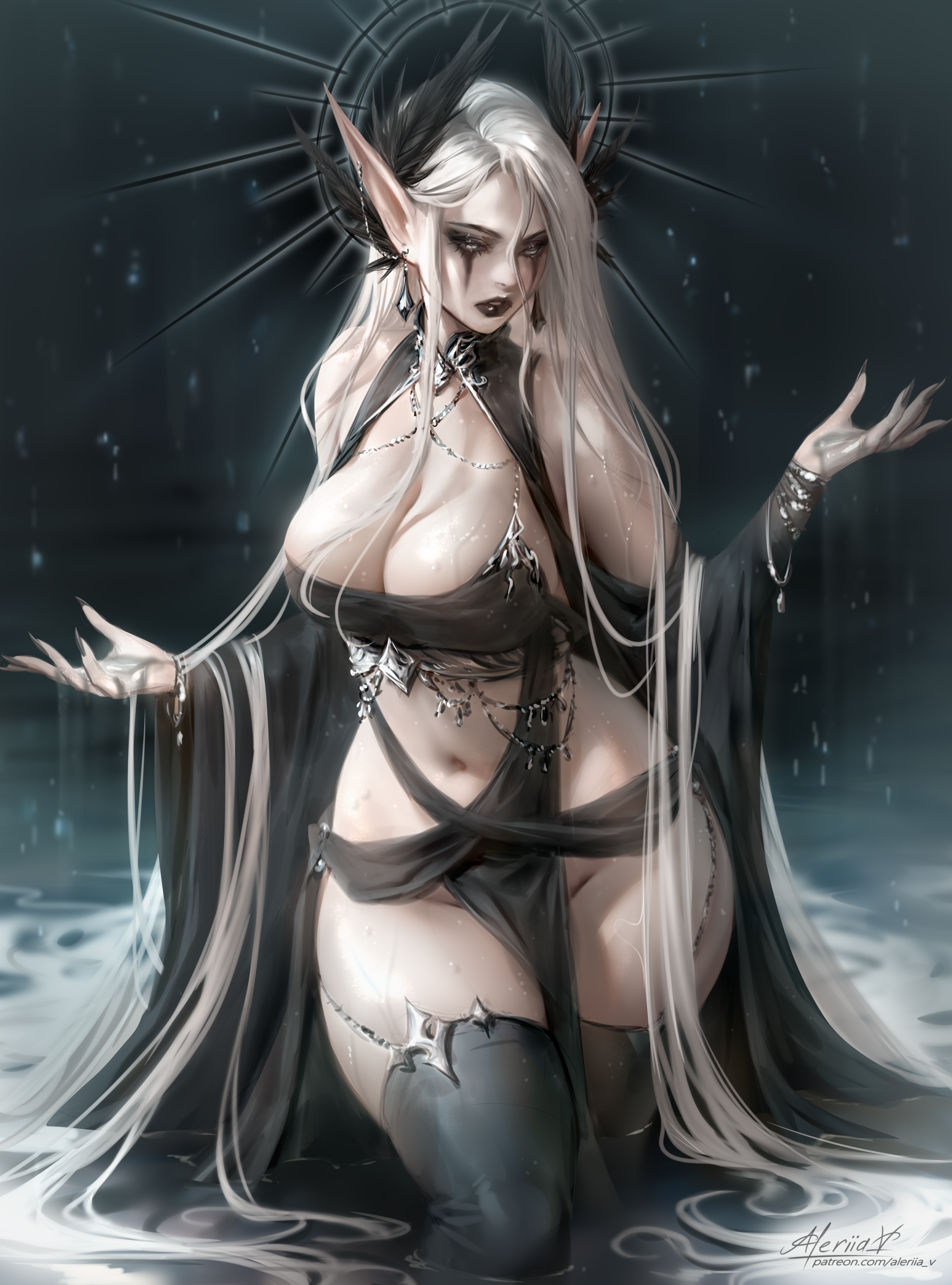 General 3888x5246 Arkilia (OC) Lera Pi fantasy girl elves pointy artwork drawing original characters digital art portrait display watermarked long hair looking at viewer water standing in water pointy ears cleavage big boobs belly button earring