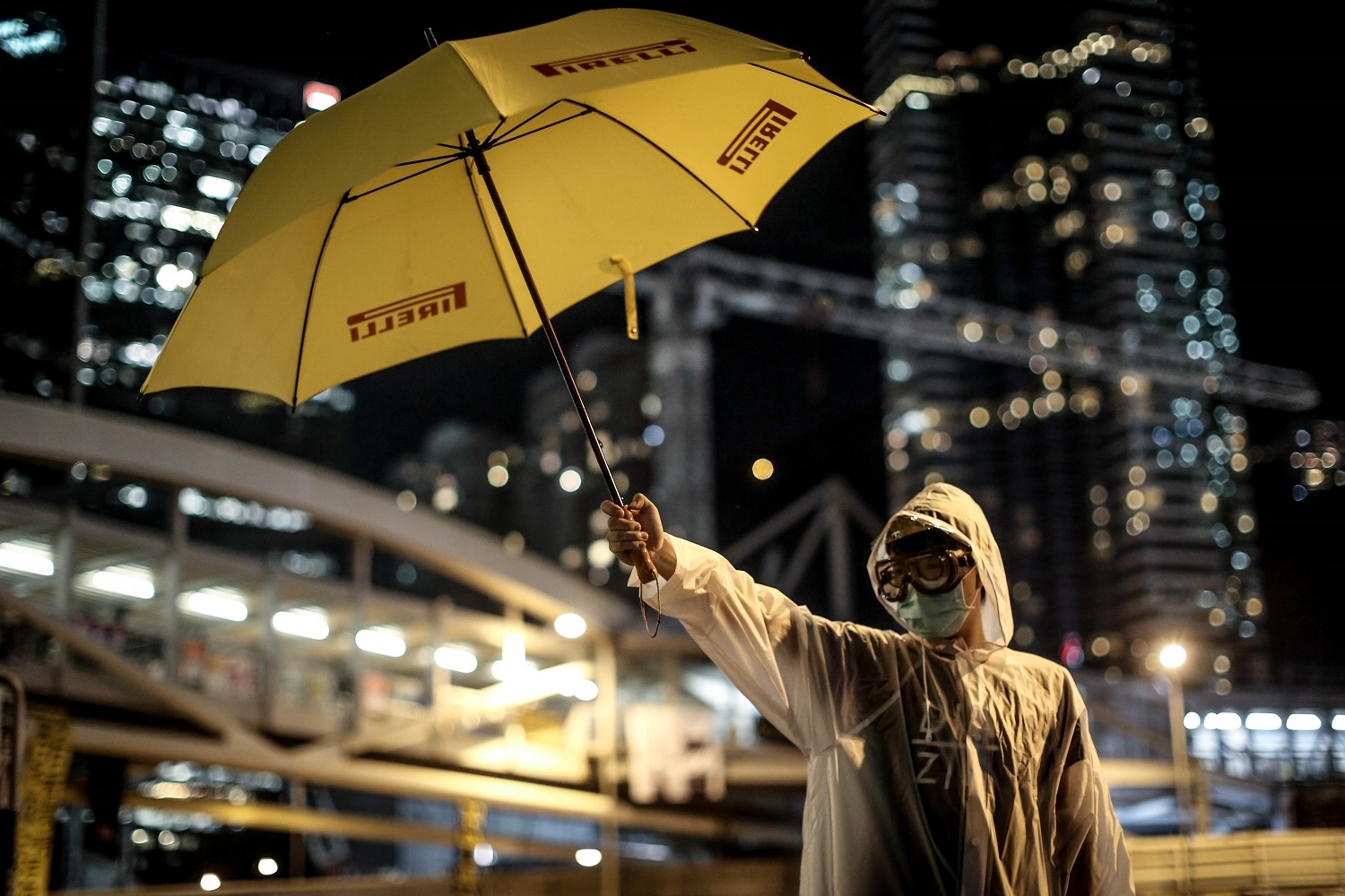 People 1500x1000 umbrella Hong Kong Umbrella Movement yellow protestors skyscraper overalls mask glasses bokeh street night lights