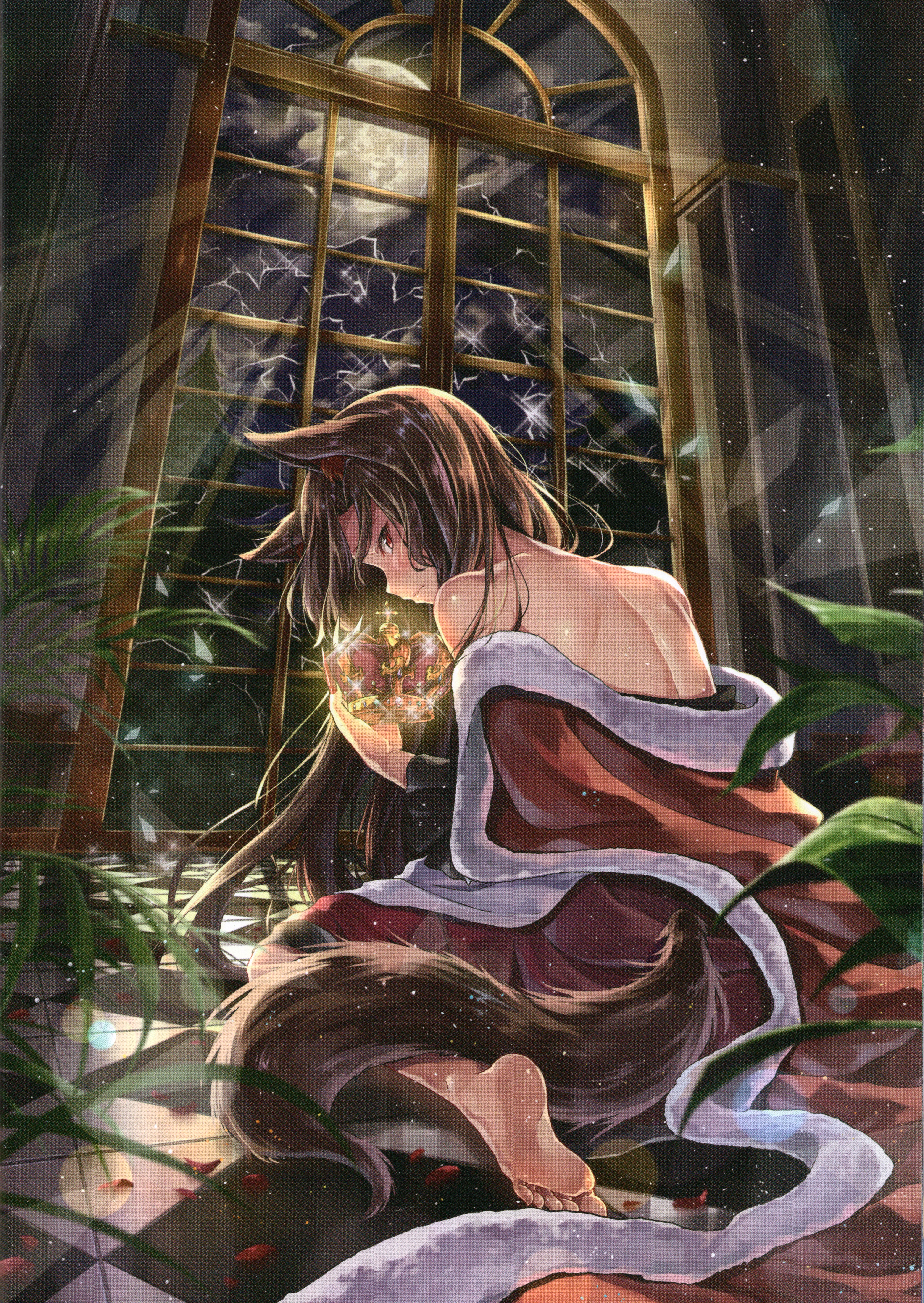 Anime 4269x6019 Kakao Rantan wolf girls anime girls bareback portrait display window Imaizumi Kagerou back looking back plants looking at viewer night animal ears broken glass barefoot foot sole long hair brunette red eyes full moon Moon crown glass particle bare shoulders tail fox tail petals wolf ears leaves starry night starred sky sky blushing profile moonlight feet