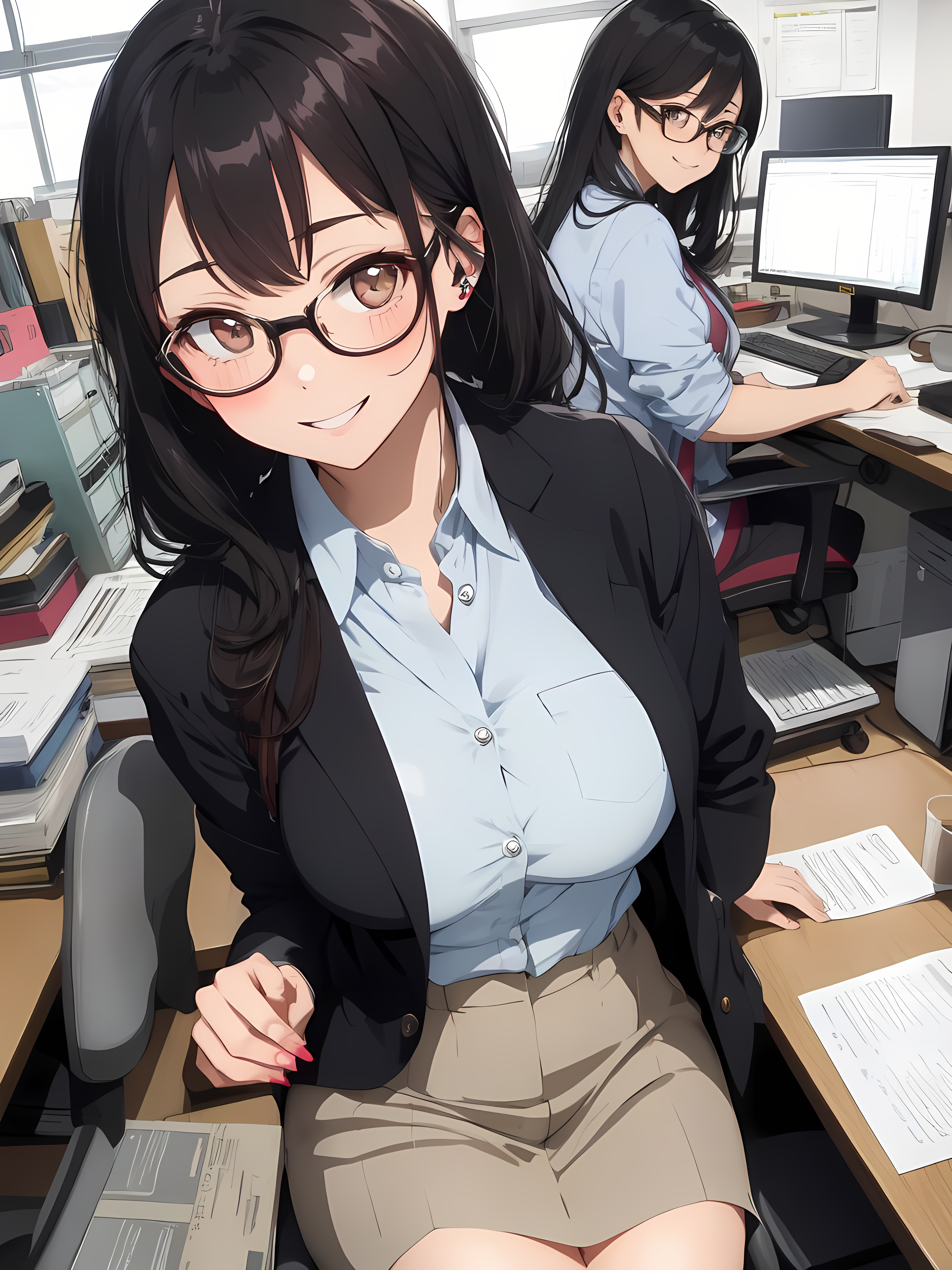 Anime 3072x4096 AI art anime girls office girl women office two women looking at viewer blushing smiling black hair long hair glasses portrait display computer