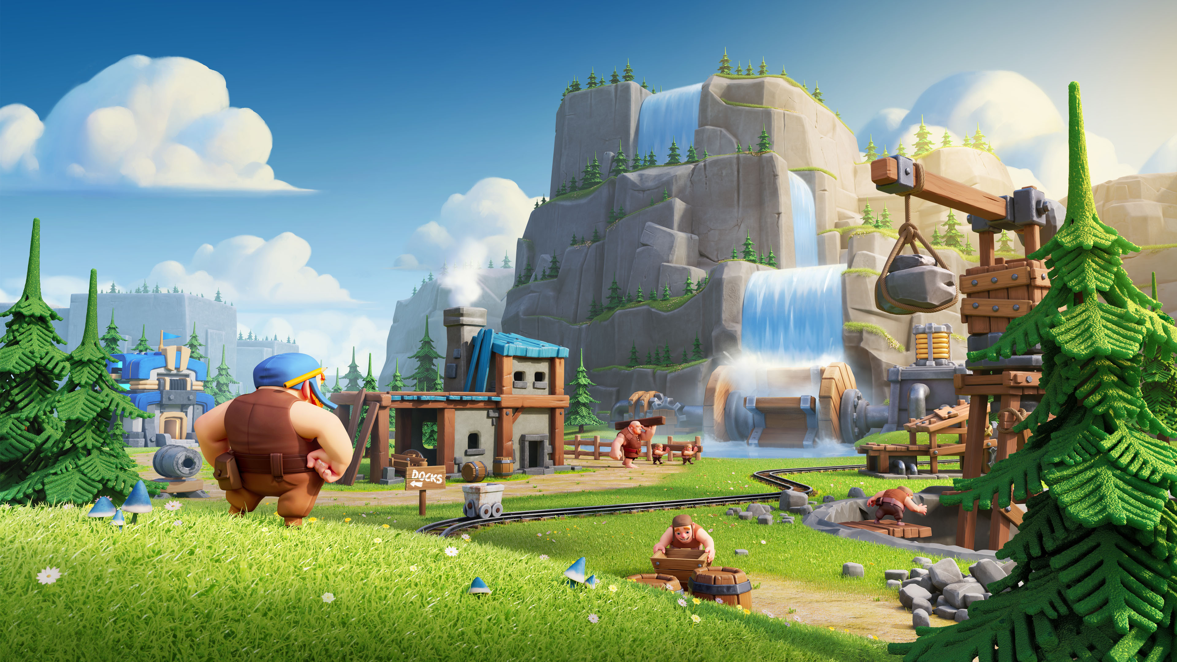 General 3840x2160 Clash of Clans waterfall video game art clouds cranes (machine) ArtStation video games video game characters