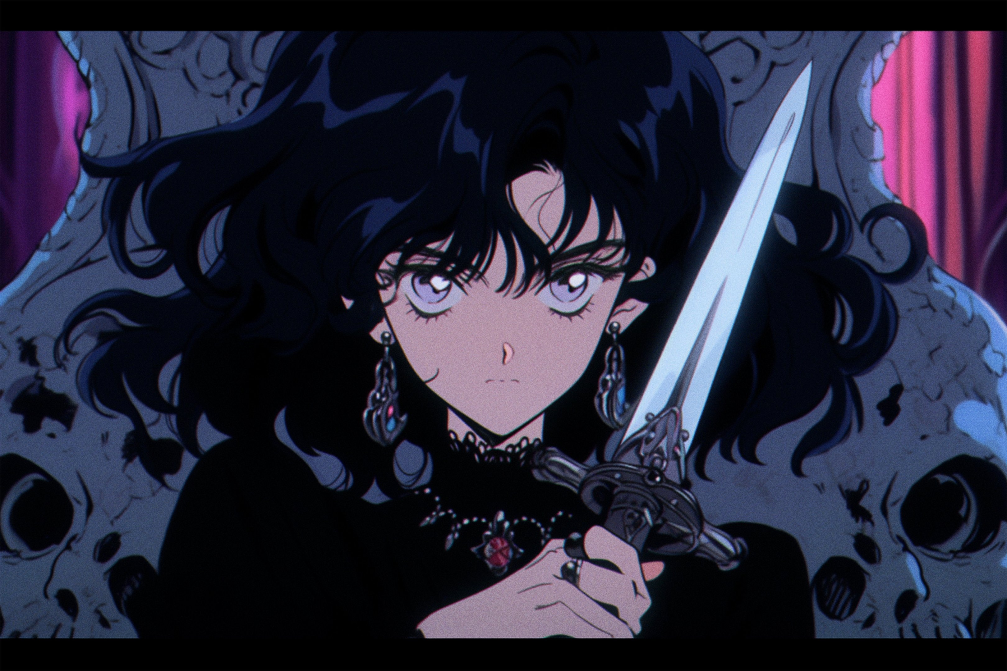 Anime 3240x2160 axynchro AI art retro style anime girls knife earring long hair looking at viewer weapon jewelry skull