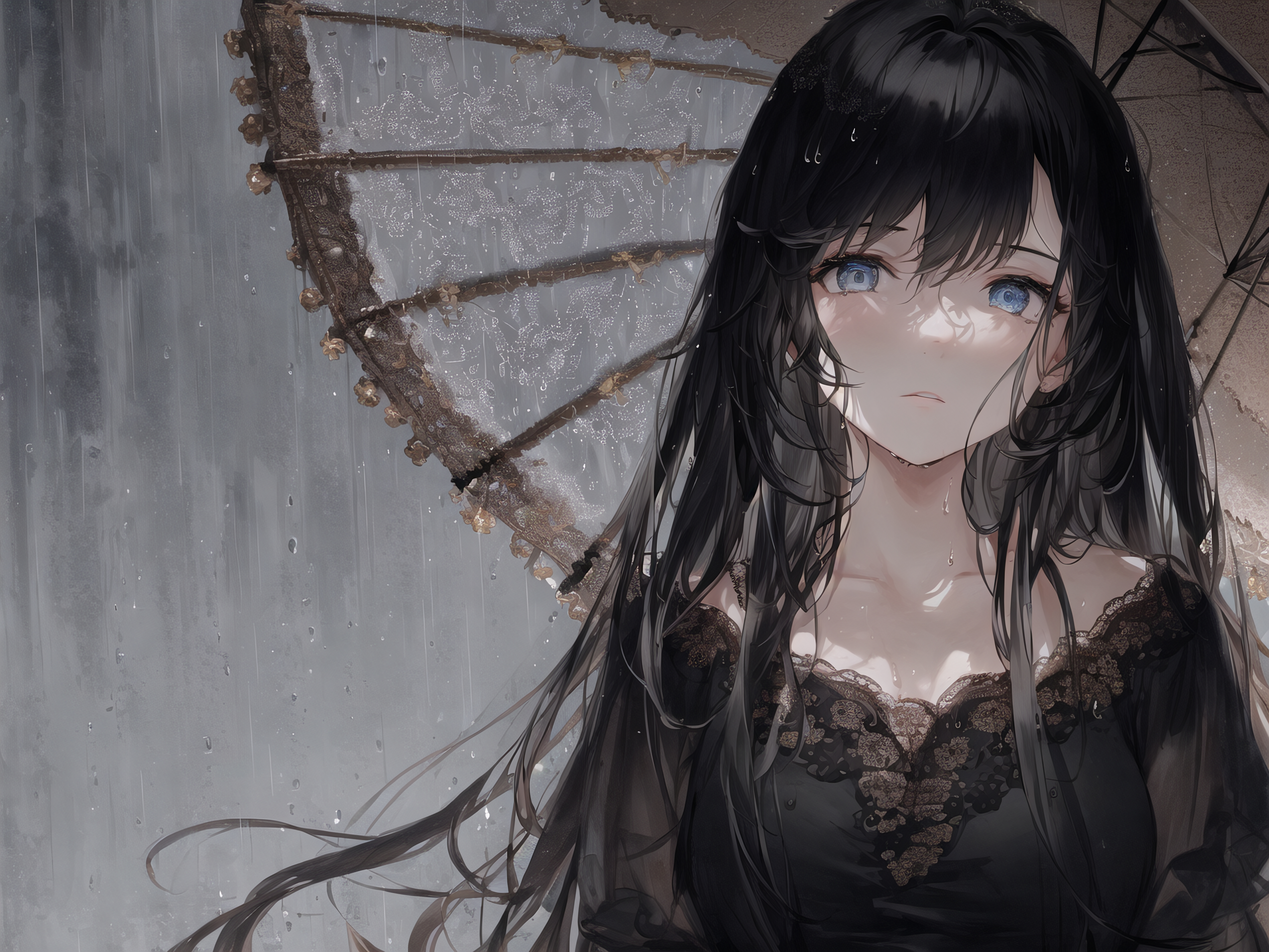 Anime 5120x3840 black hair blue eyes rain umbrella looking at viewer anime girls wet dress long hair AI art