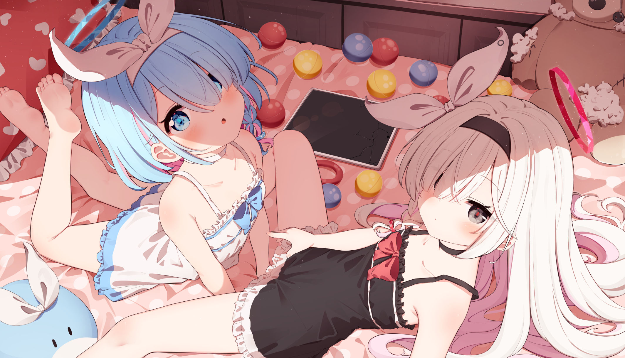 Anime 2128x1220 anime girls anime loli dress Blue Archive bed looking at viewer Arona (Blue Archive) Plana (Blue Archive) long hair blushing hair over one eye short hair lying on front feet foot sole feet in the air teddy bears choker bow tie Setmen