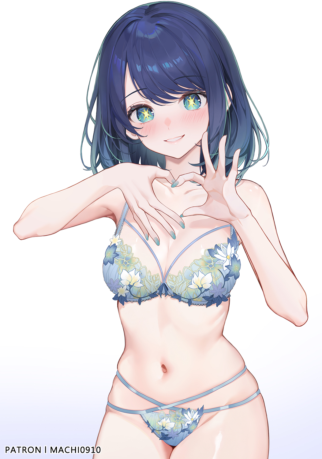 Anime 1052x1500 Machi anime girls blue hair portrait display star eyes blushing short hair underwear white background simple background minimalism smiling looking at viewer belly belly button small boobs gradient hair