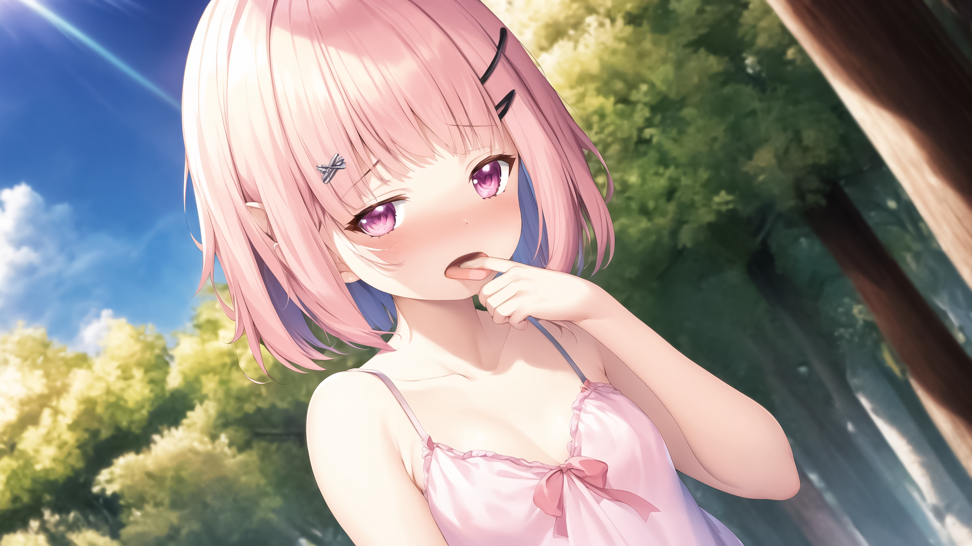 Anime 1920x1080 pink hair anime girls forest hairpins short hair AI art tongue out purple eyes Lori looking at viewer blushing sunlight trees nightgown