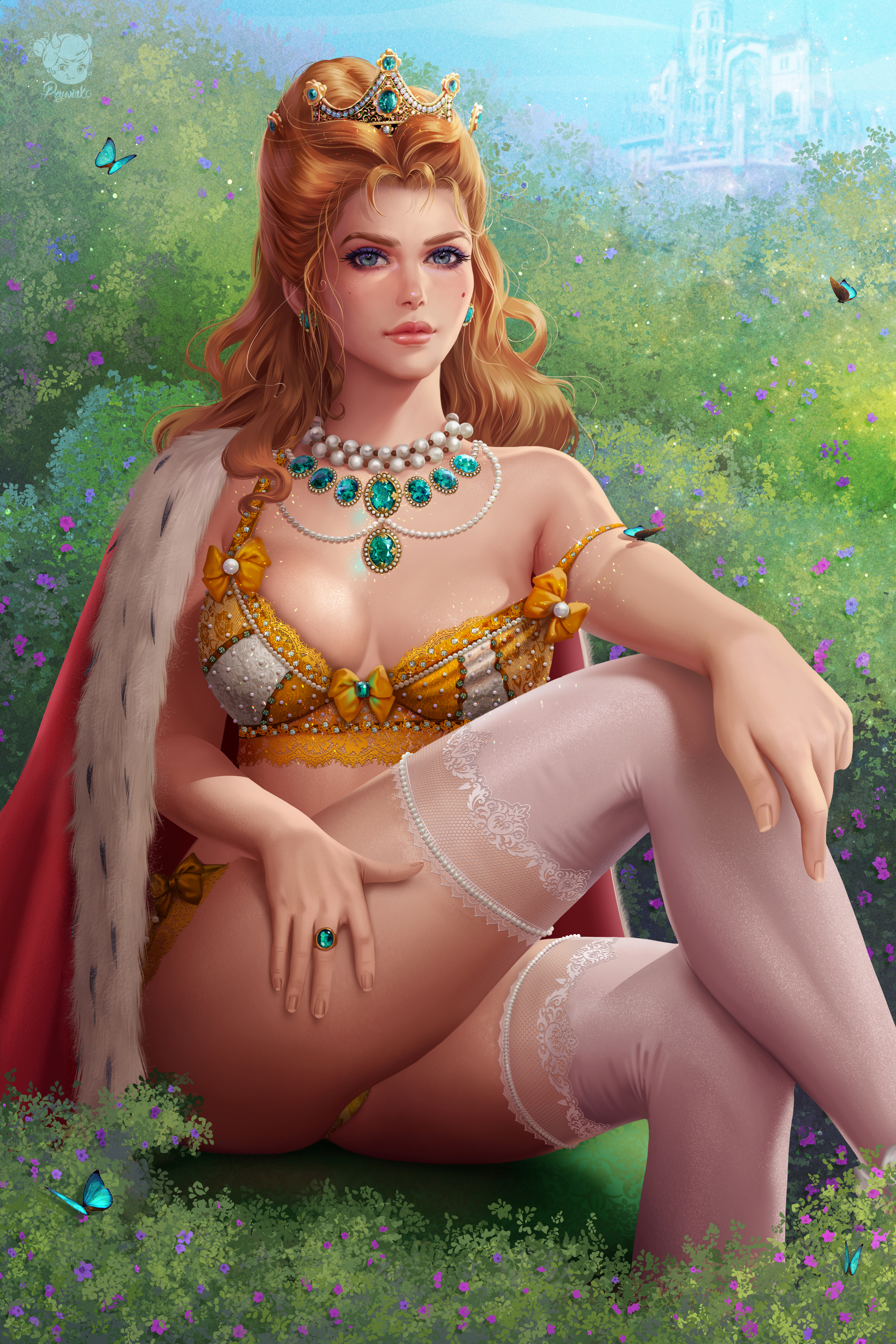 General 4000x6000 Anna Henrietta The Witcher video games video game girls artwork drawing fan art Prywinko portrait display flowers stockings looking at viewer thighs bra butterfly tiaras necklace pearl necklace