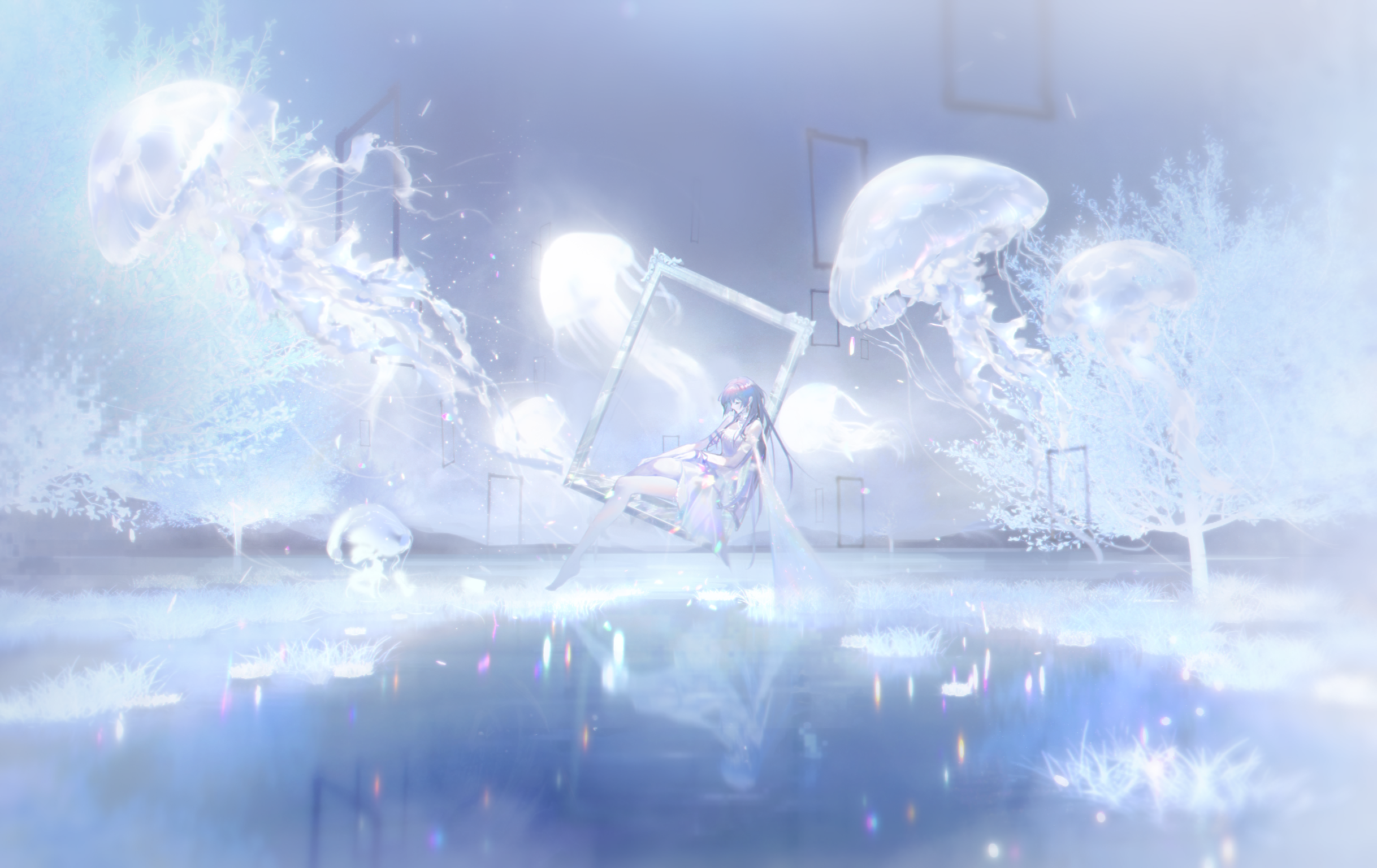 Anime 2436x1536 MBCC Path to Nowhere anime girls jellyfish reflection picture frames sitting long hair closed eyes animals water Hamel white