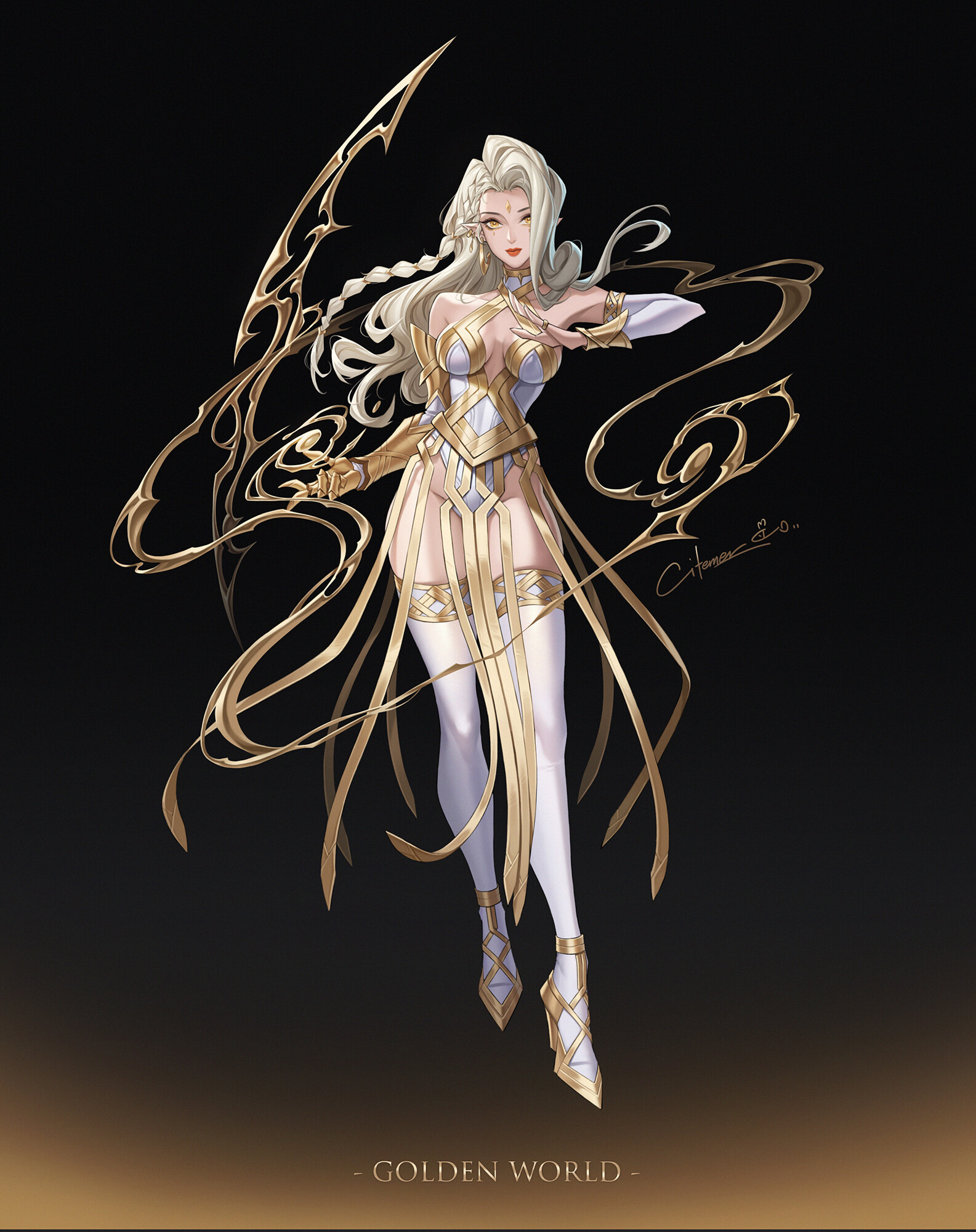 General 1585x2000 women artwork fantasy art fantasy girl simple background blonde long hair dark background pointy ears