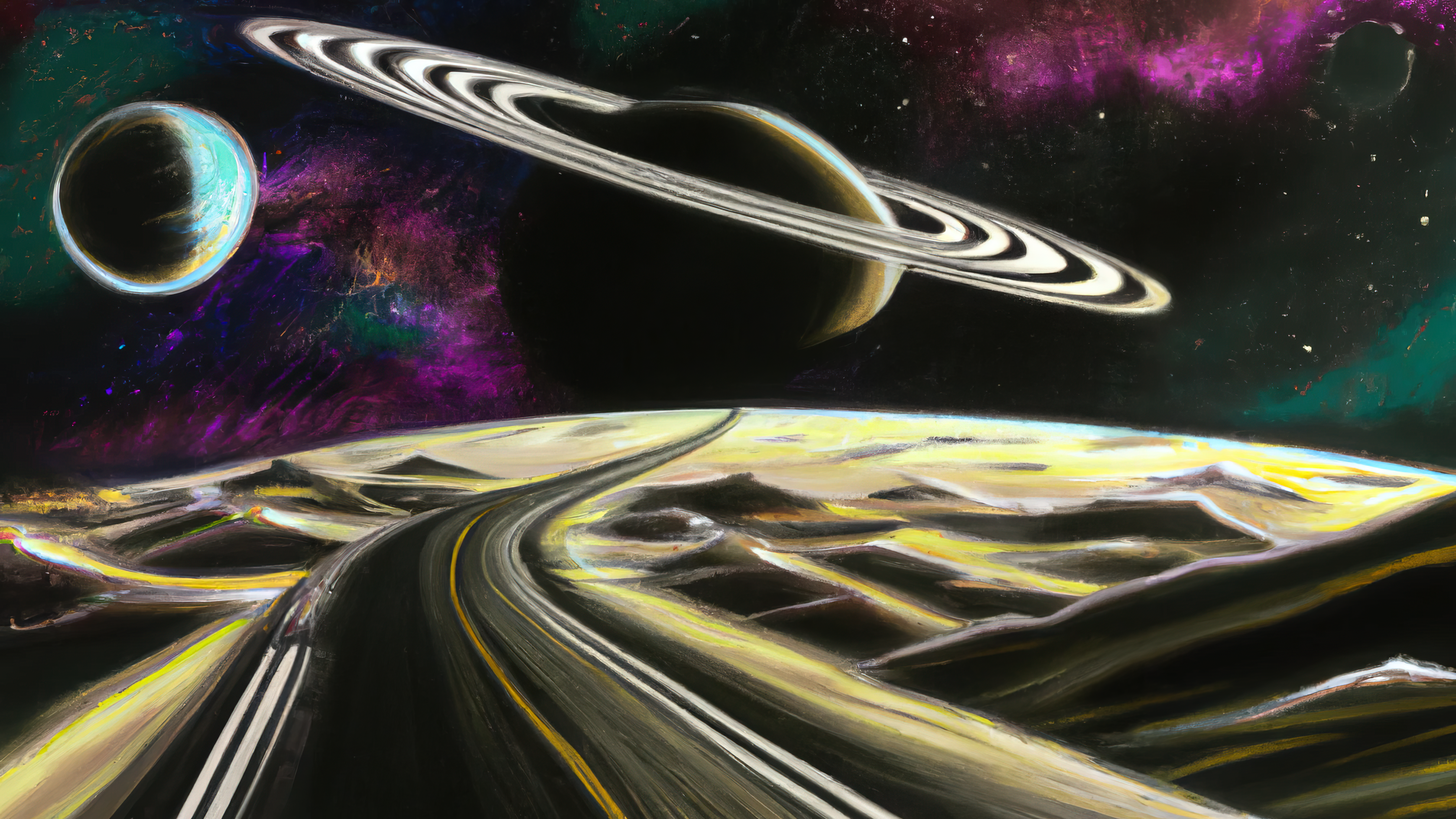 General 3840x2160 AI art painting landscape surreal space Saturn Rings Of Saturn alien world planet space art road stars