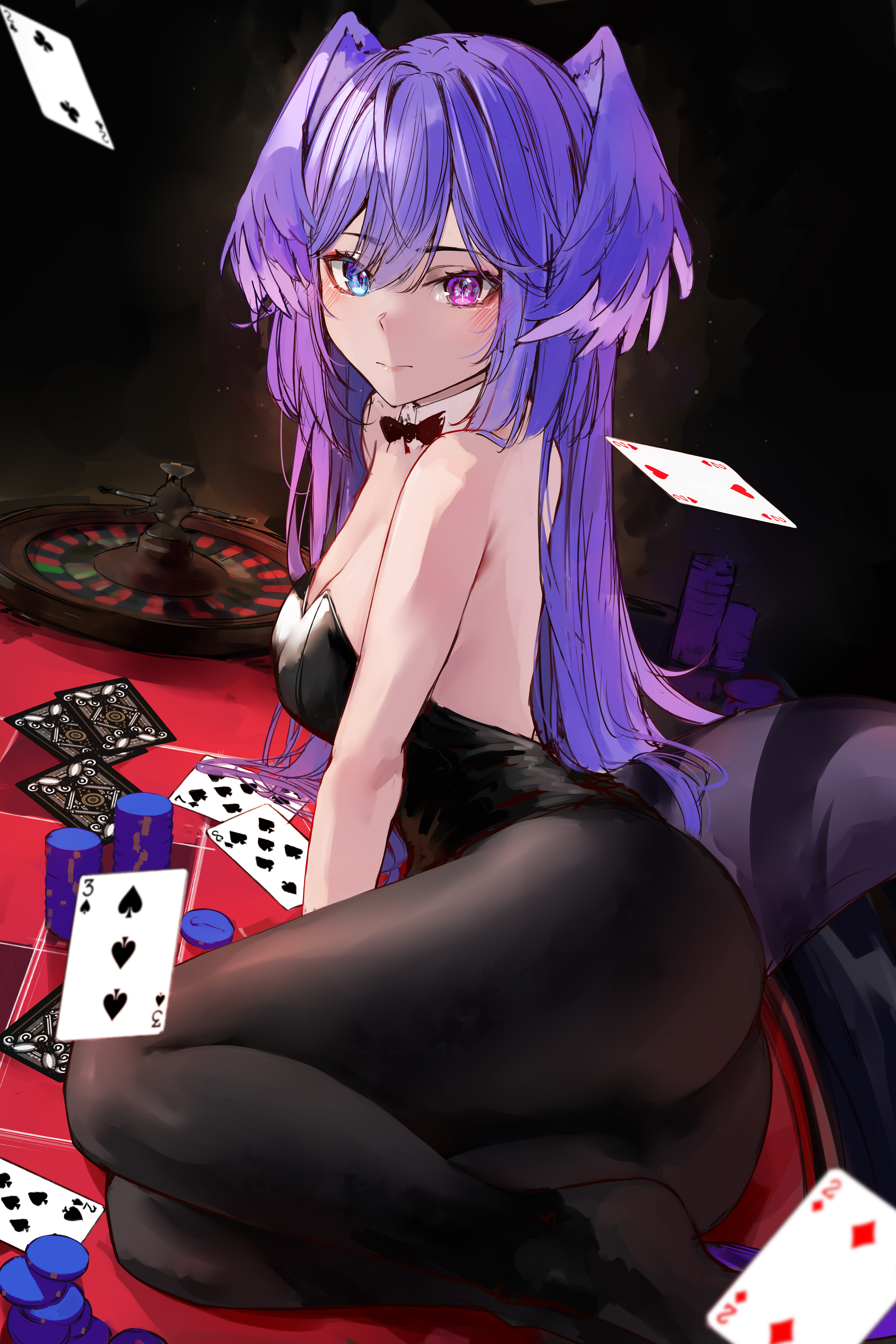 Anime 3024x4536 anime anime girls heterochromia purple hair cards poker chips ass bunny suit Nijisanji Selen Tatsuki Virtual Youtuber