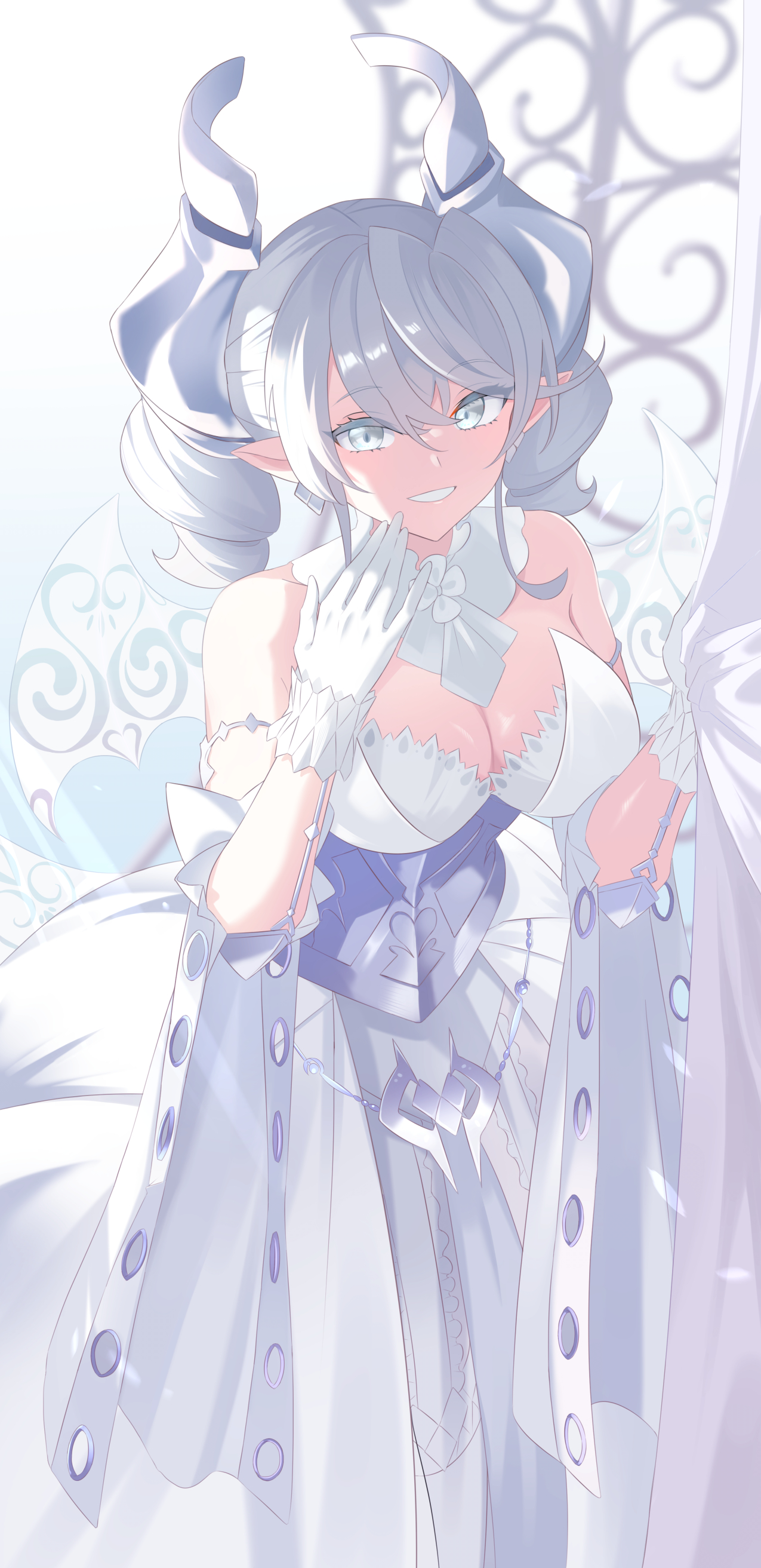 Anime 1275x2625 anime anime girls Trading Card Games Yu-Gi-Oh! Lovely Labrynth of the Silver Castle twintails white hair big boobs solo artwork digital art fan art pointy ears
