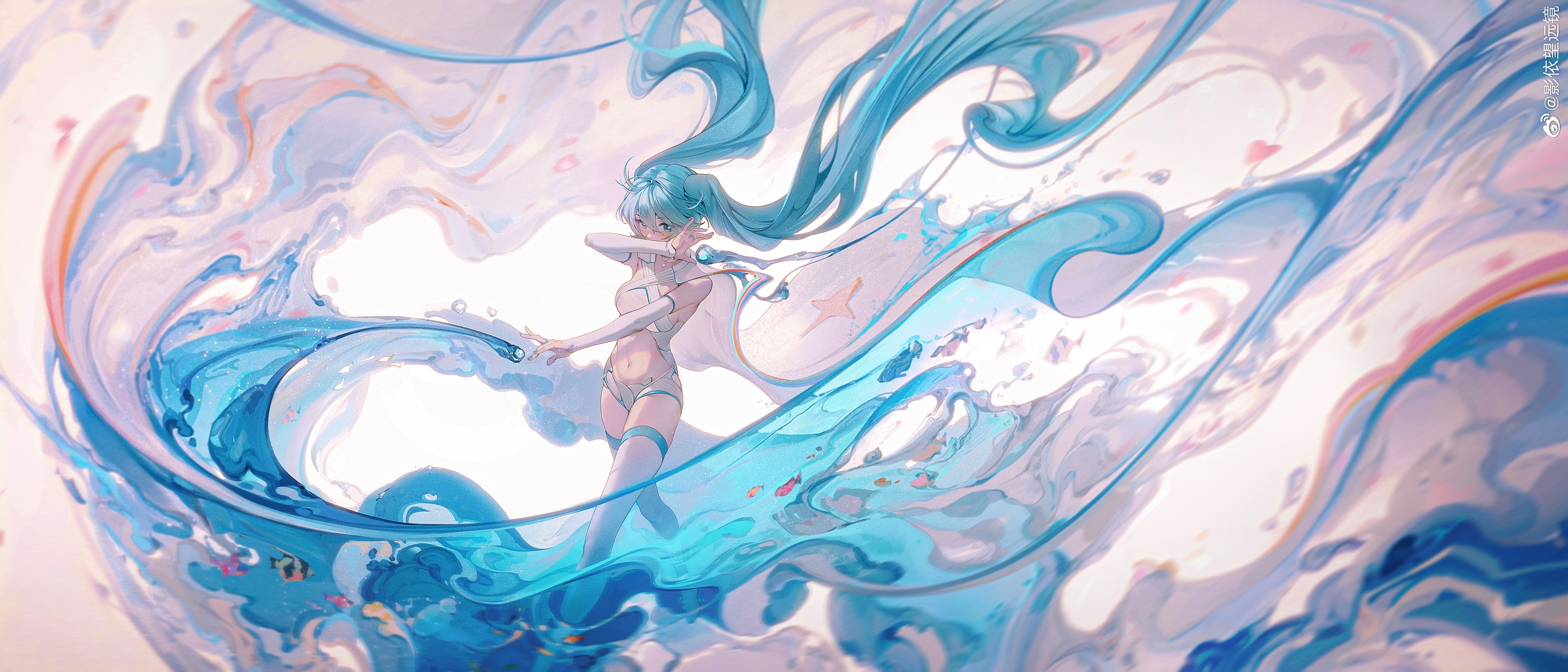 Anime 4000x1714 Ying Yi anime girls illustration water blue twintails Hatsune Miku looking at viewer thigh-highs blue hair blue eyes