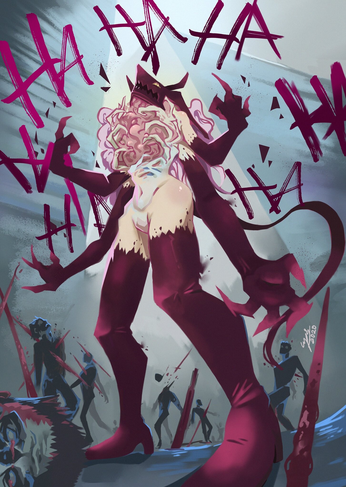 Anime 1453x2048 blood devil laughing blood covered body people anime girls creature blood death