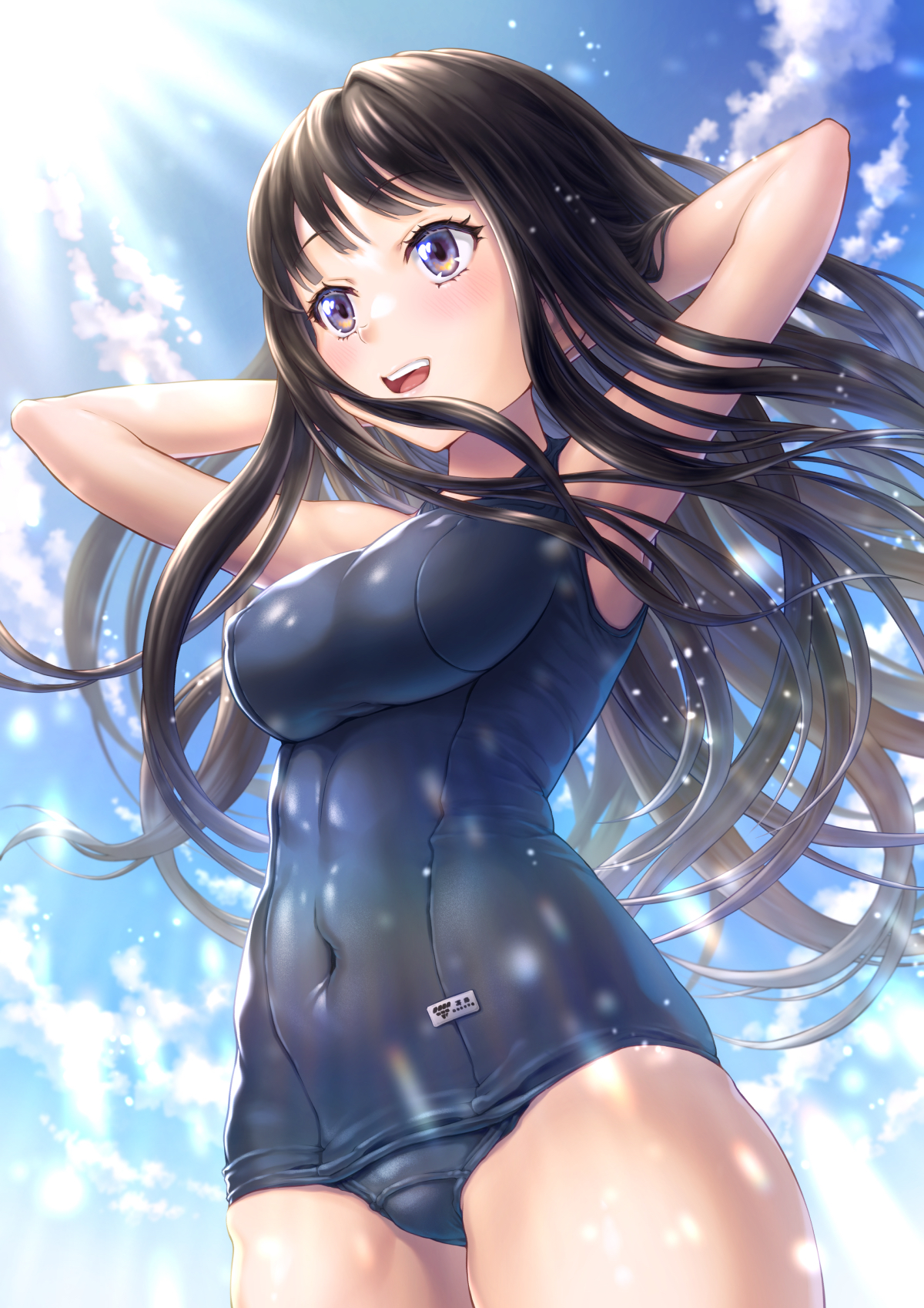 Anime 1200x1697 anime anime girls Lycoris Recoil Inoue Takina long hair black hair solo artwork digital art fan art one-piece swimsuit big boobs