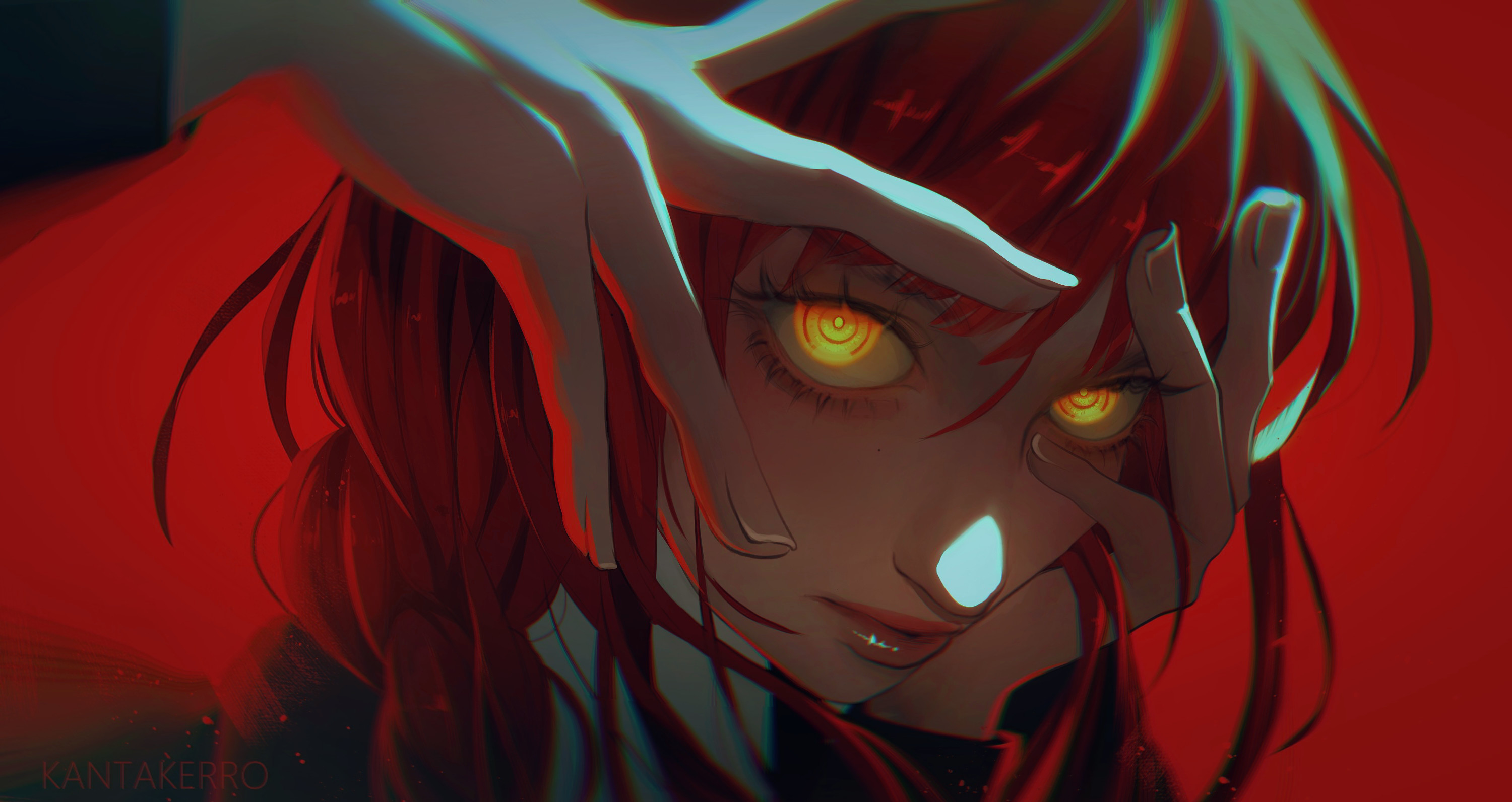 Anime 3000x1592 Makima (Chainsaw Man) closeup tie eyes Chainsaw Man redhead yellow eyes anime girls looking at viewer long hair red background signature minimalism