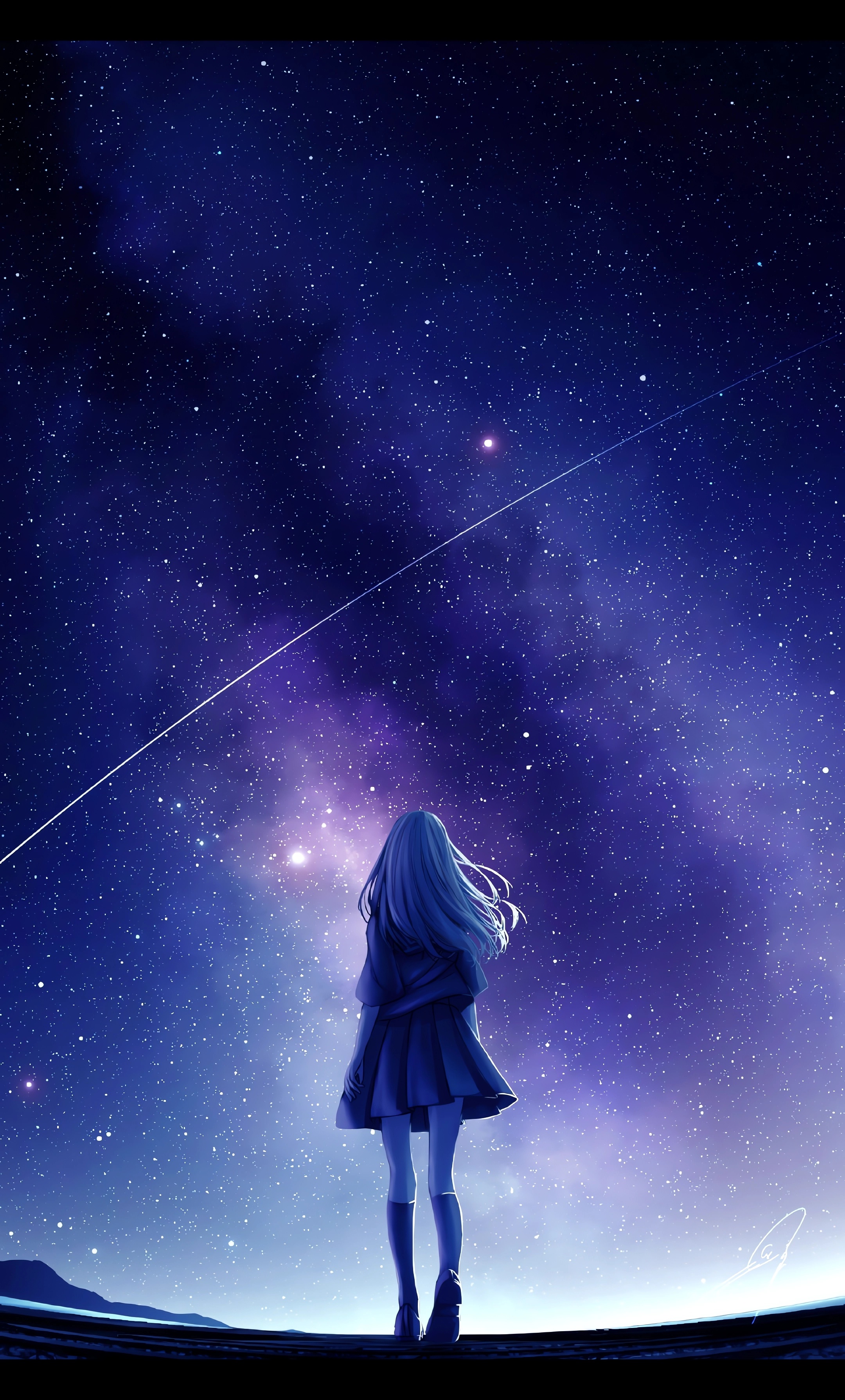 Anime 2160x3576 anime girls anime portrait display stars sky long hair skirt standing night signature walking