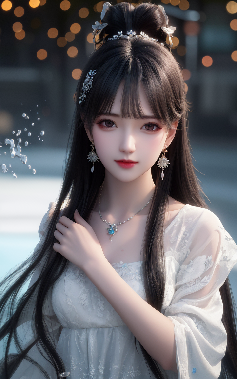 General 960x1536 AI art Chinese white dress Wuxia Asian women long hair looking at viewer necklace earring dress standing digital art portrait display blurred blurry background