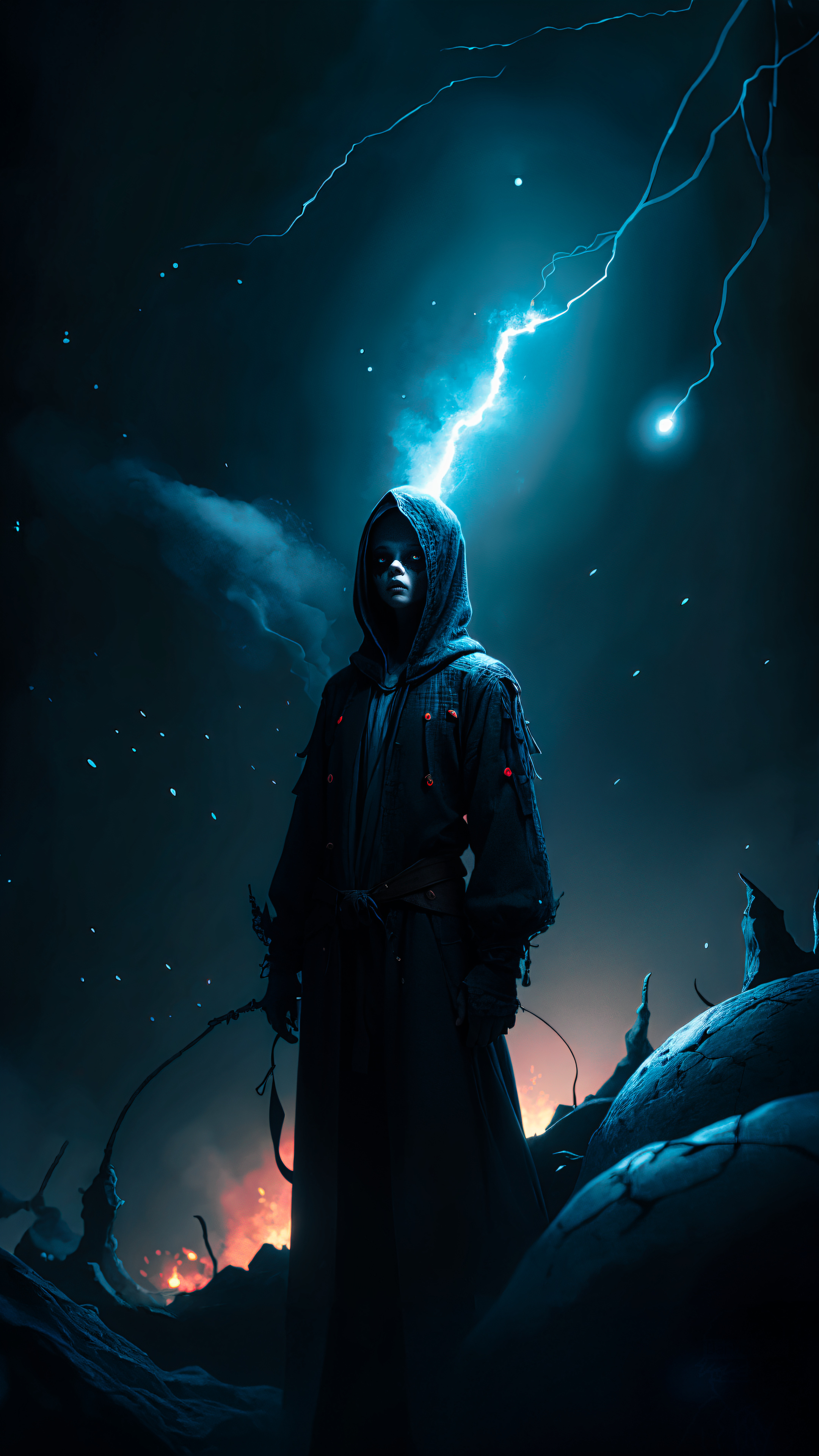 General 2160x3840 AI art dar0z blue eyes digital art terror dark horror night pale standing looking at viewer glowing eyes space fire creature hoods lightning portrait display