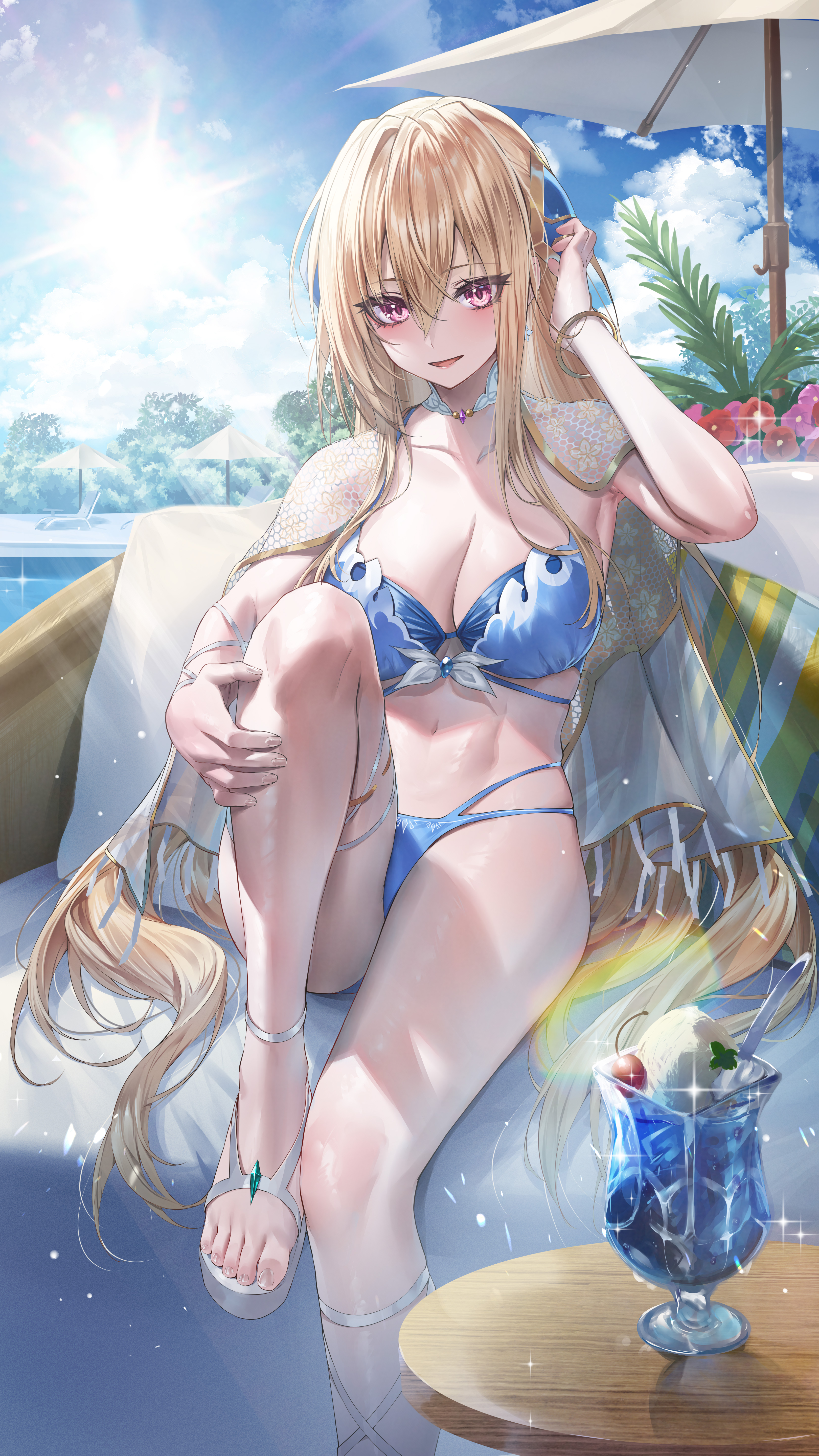 Anime 3240x5760 Heaven Burns Red bikini anime girls portrait display Shirakawa Yuina sandals blue bikini swimwear long hair purple eyes blonde huge breasts sunlight parted lips ice cream sparkles sitting belly button toes feet table cleavage hair ornament parasol looking at viewer armpits women outdoors Heirou swimming pool thighs clouds sky