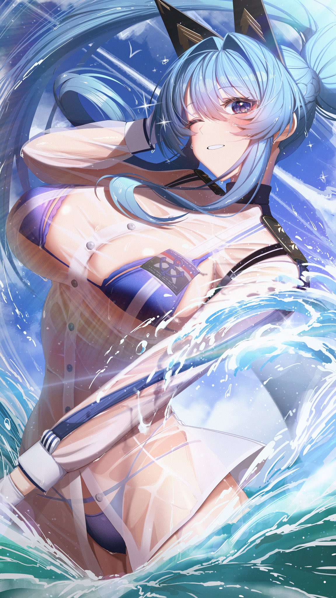 Anime 1152x2048 Nikke: The Goddess of Victory anime girls portrait display Helm (Nikke) bikini one eye closed wink light blue hair ponytail blue eyes wet clothing huge breasts water water drops blue bikini white shirt swimwear long sleeves thighs standing in water wet Kyudong women outdoors wet body white gloves see-through clothing sky clouds sea gloves blushing