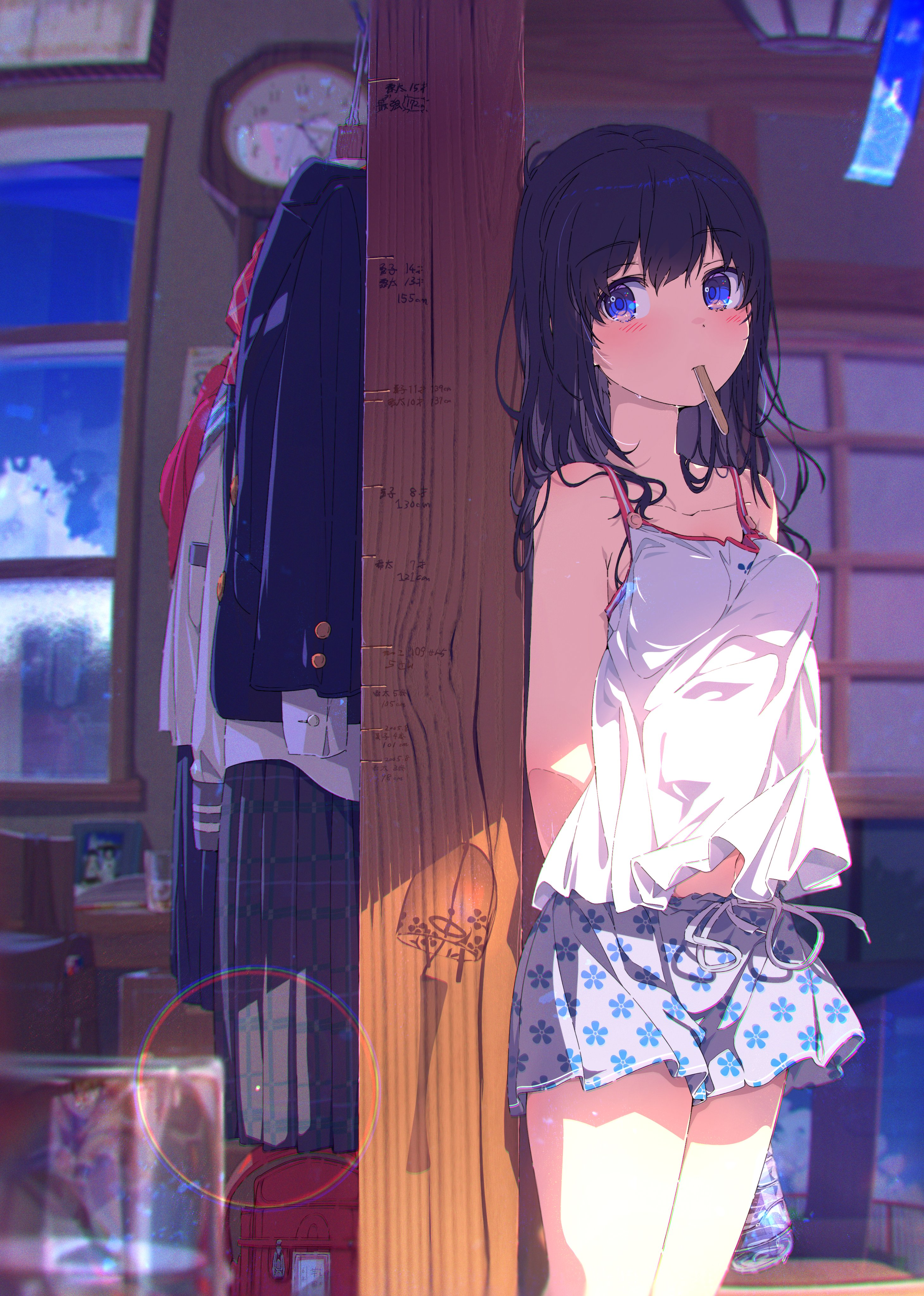 Anime 2920x4096 anime anime girls long hair sunlight sky school uniform Ogipote portrait display blushing window clouds water bottle standing looking at viewer clocks