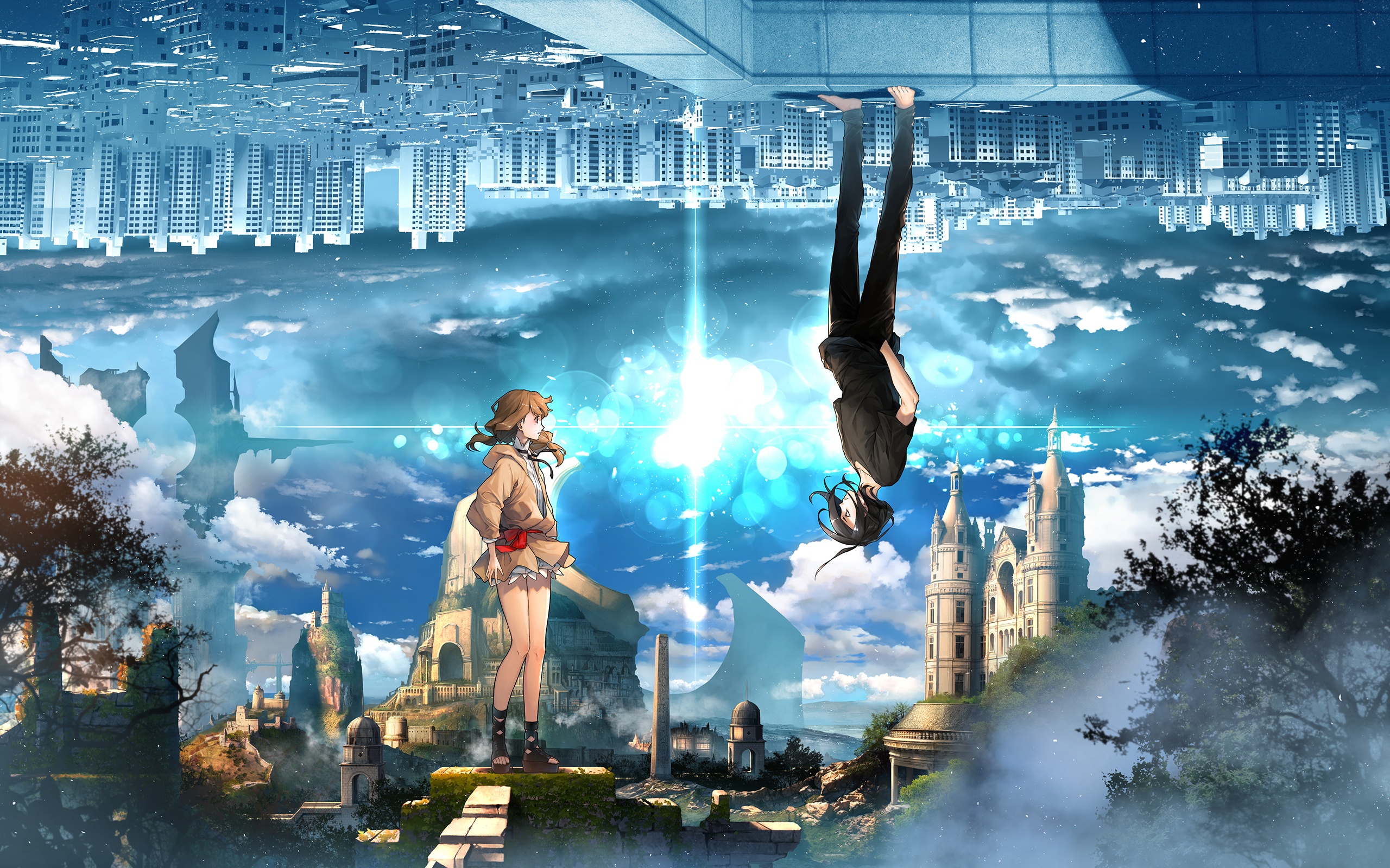 Anime 2560x1600 Web Comic anime boys anime girls city cityscape upside down standing castle clouds sky symmetry