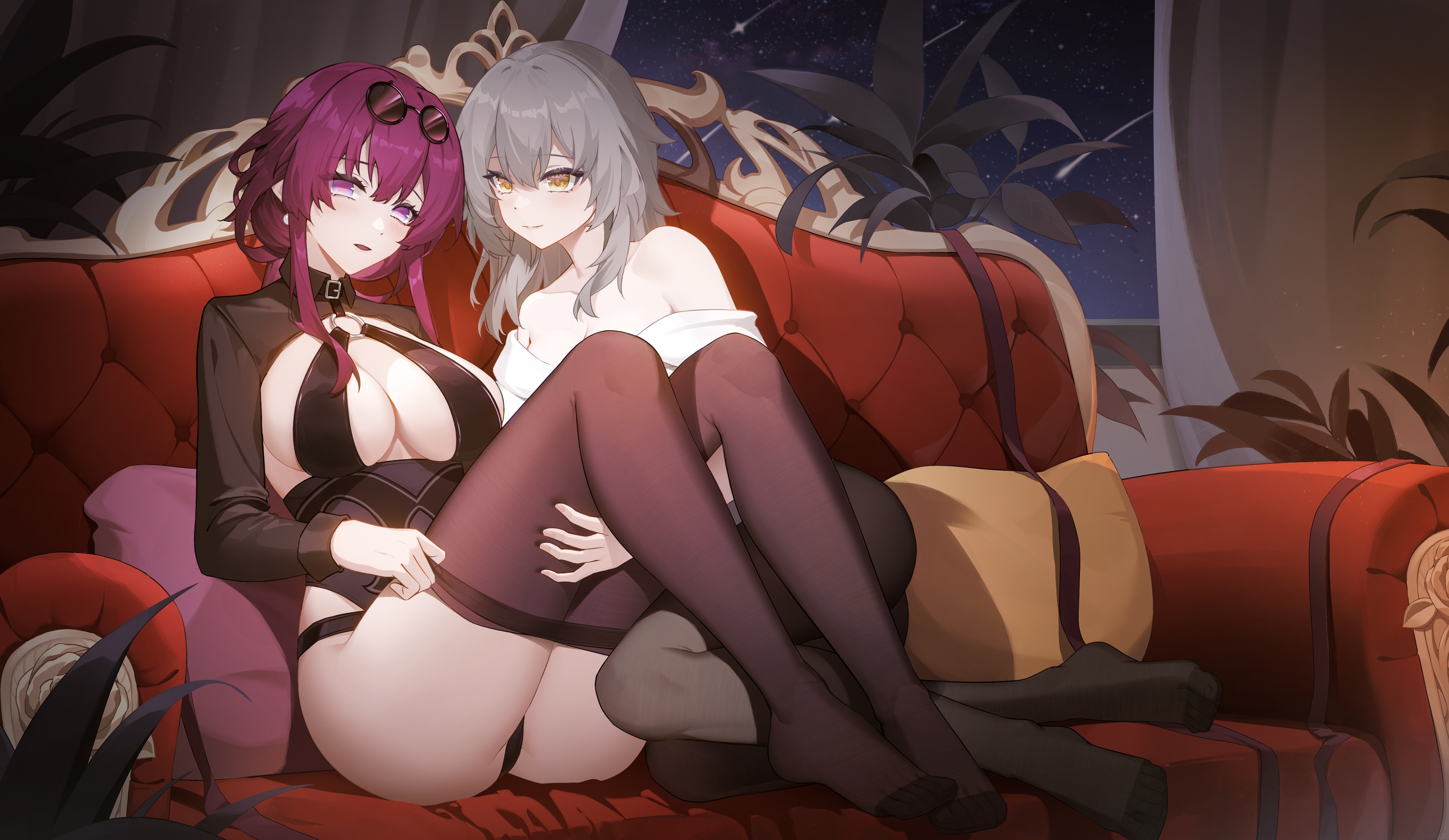 Anime 3500x2030 anime anime girls Kafka (Honkai: Star Rail) Herta (Honkai: Star Rail) Honkai: Star Rail big boobs stockings looking at viewer couch leaves ass