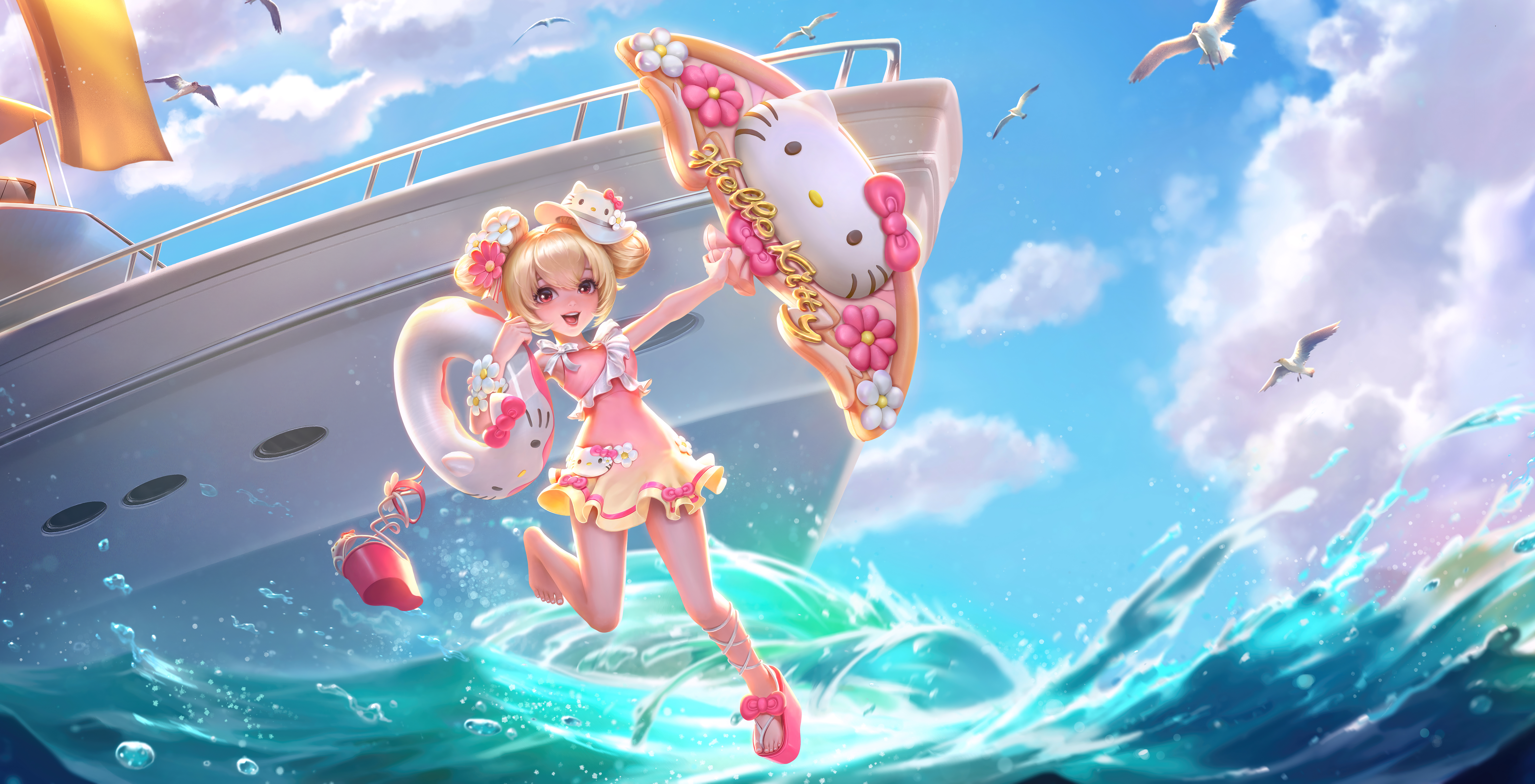 General 8455x4320 Hello Kitty Honor of Kings summer skirt swimwear legs seagulls seawater boat heels water video game characters sky video game art clouds video games floater umbrella looking at viewer open mouth hairbun birds animals