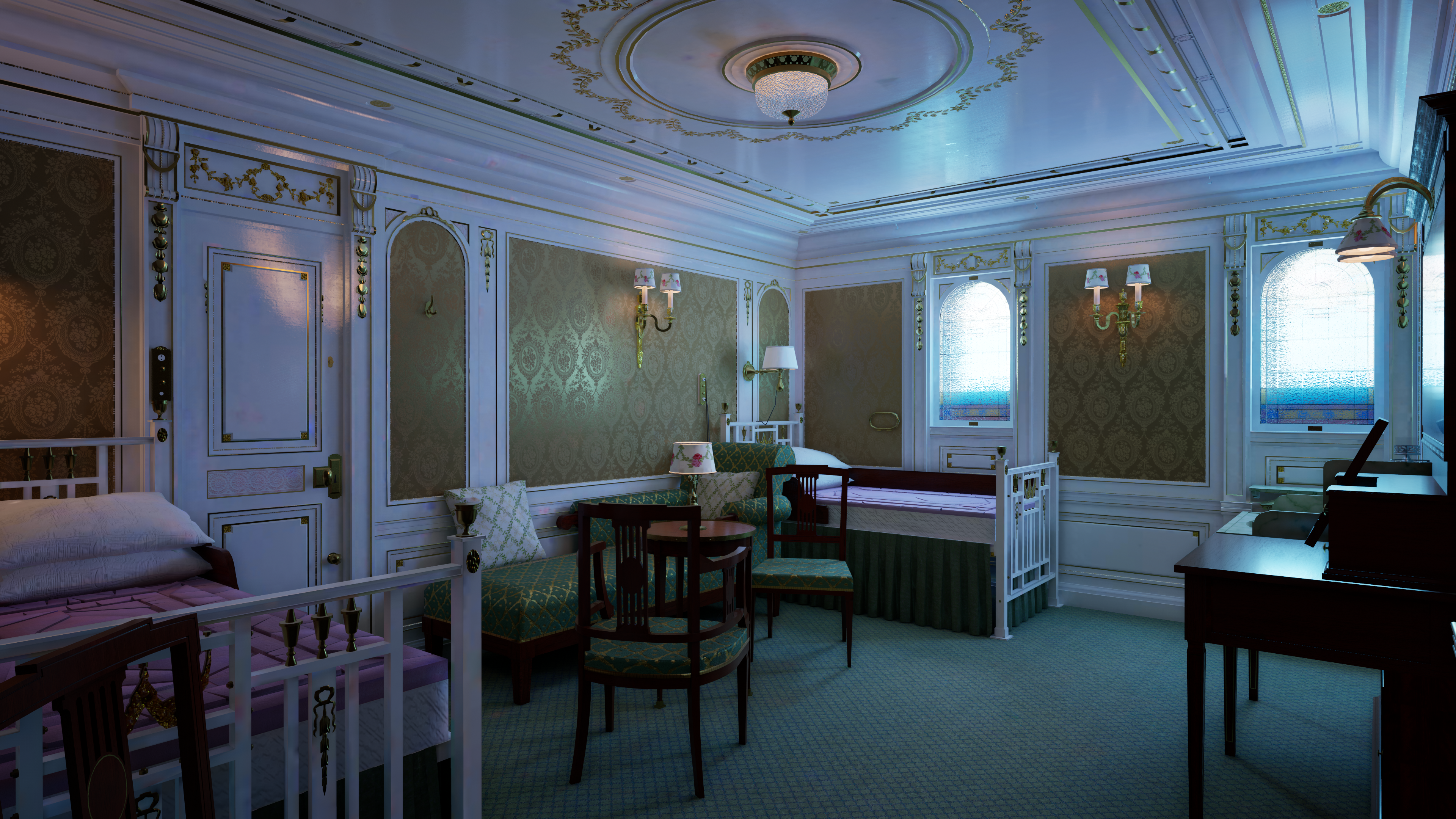 General 3840x2160 Nvidia RTX Titanic CGI digital art interior bed chair table lamp window piano musical instrument
