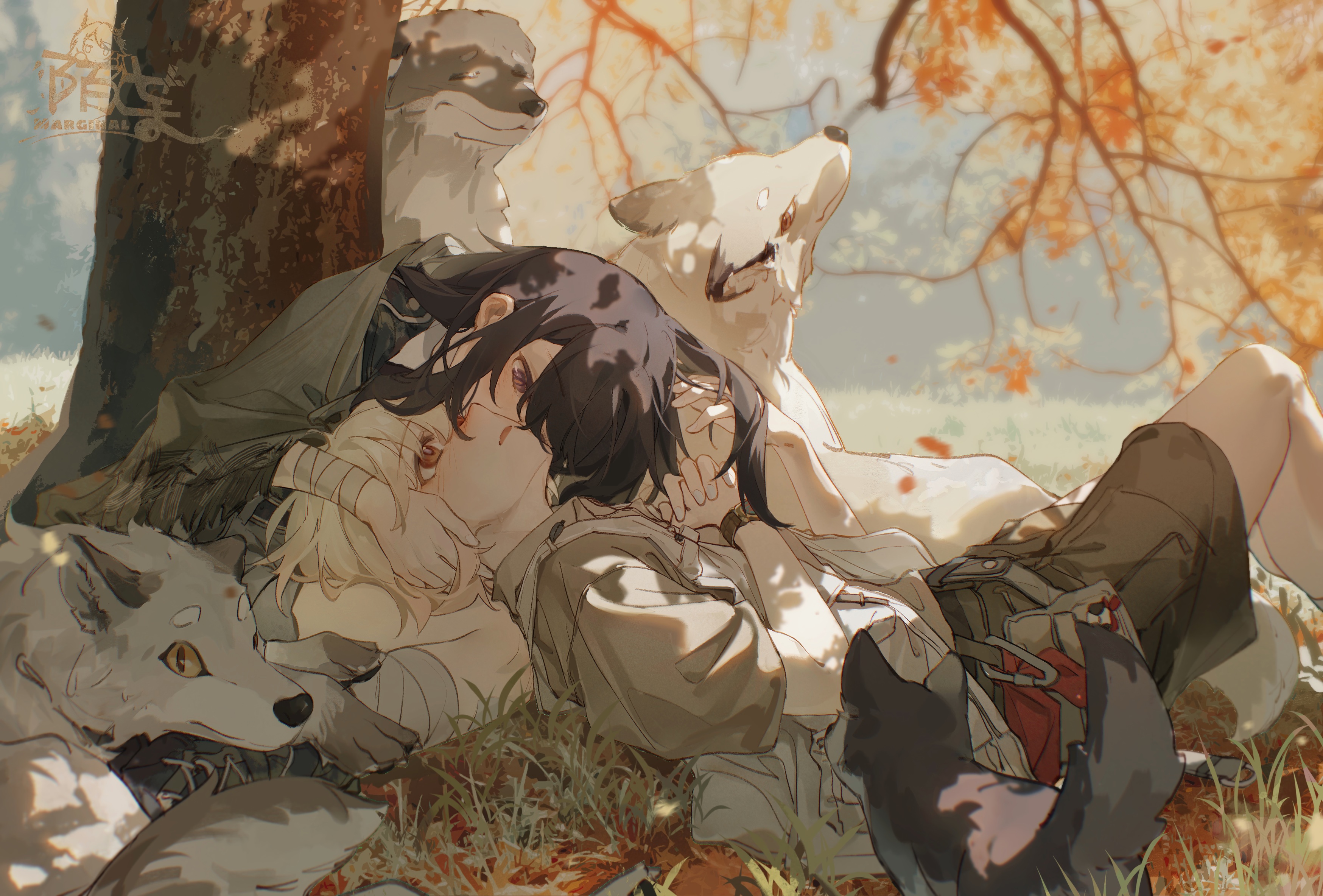 Anime 3496x2367 anime anime girls blushing animals trees logo branch leaves sunlight lying down lying on back long hair bandages wolf
