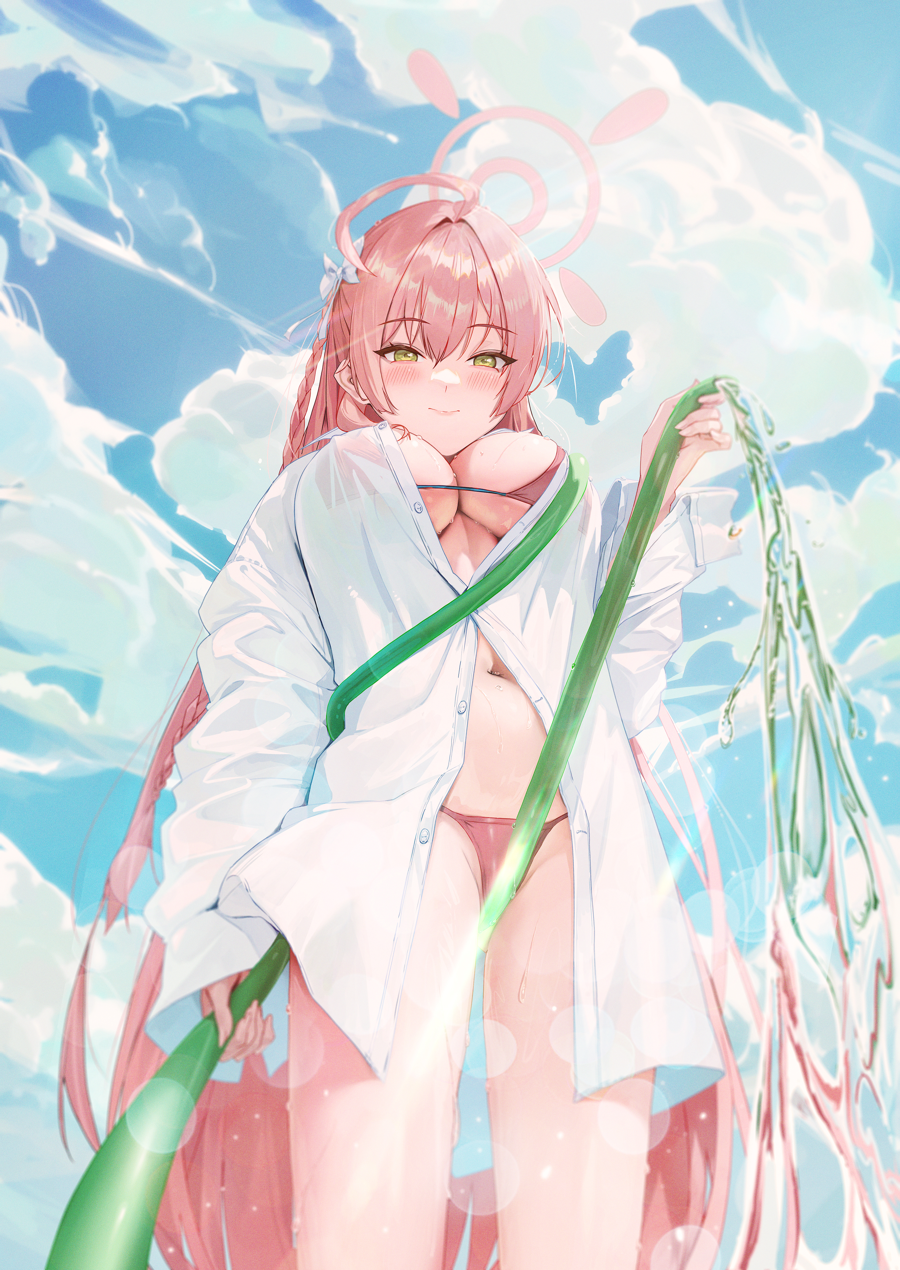 Anime 2947x4156 Blue Archive wet clothing anime girls portrait display Hanako (Blue Archive) sky pink bikini huge breasts cleavage looking at viewer green eyes pink hair long hair women outdoors white shirt open shirt wet body belly button smiling garden hose blushing water drops Fieryonion hair ribbon clouds wet water hose