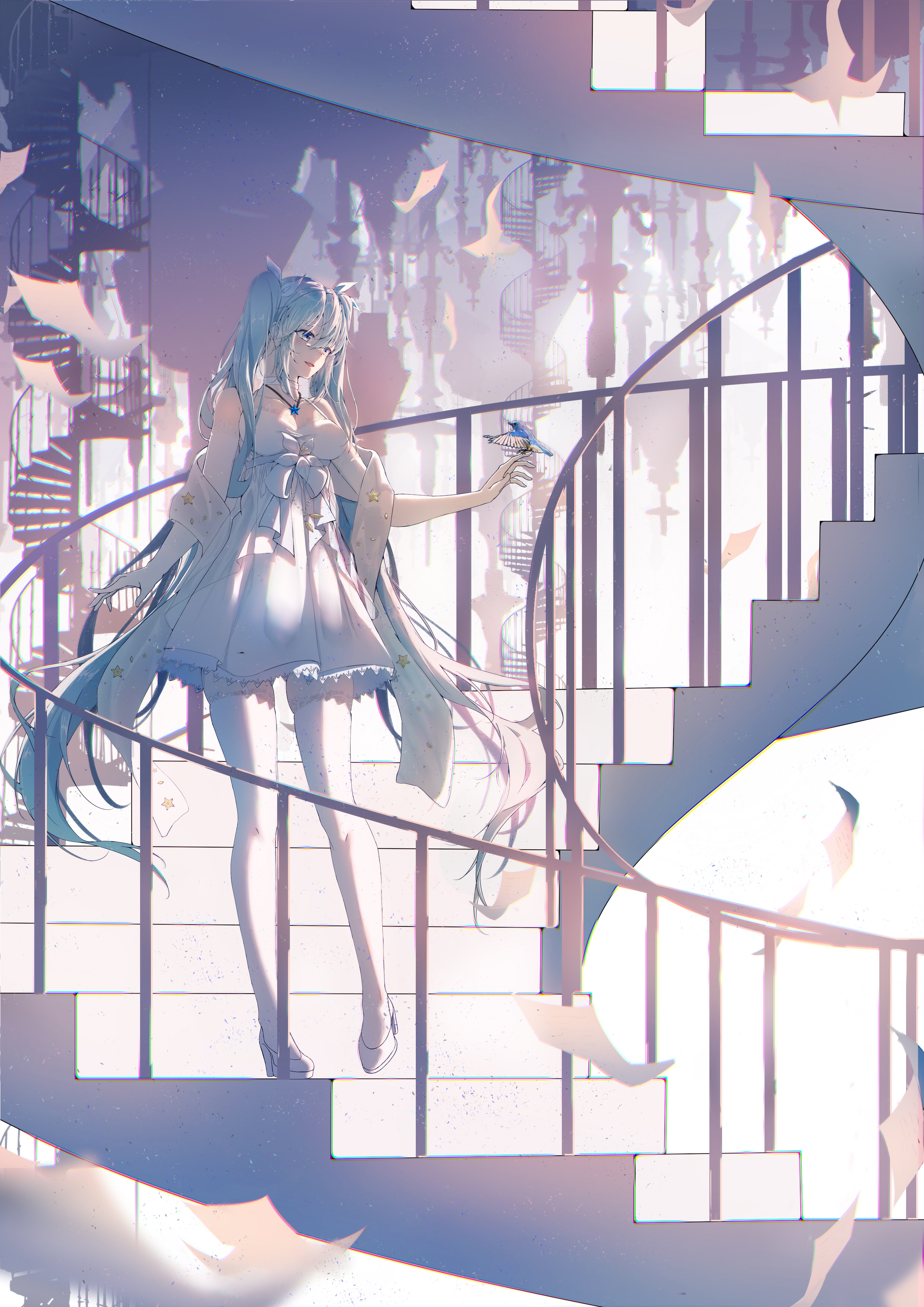 Anime 2480x3507 anime Pixiv Hatsune Miku Vocaloid stairs portrait display long hair twintails dress flowers blue hair blue eyes sunlight paper bow tie animals anime girls