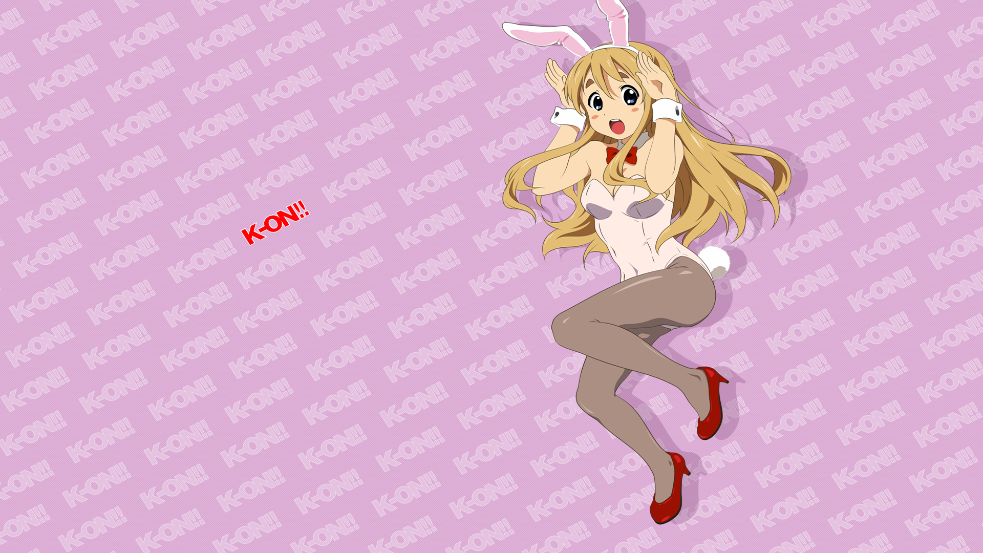 Anime 1920x1080 K-ON! Mugi kotobuki anime girls bunny suit bunny ears bunny tail heels pantyhose long hair blonde open mouth blue eyes looking at viewer bow tie simple background minimalism