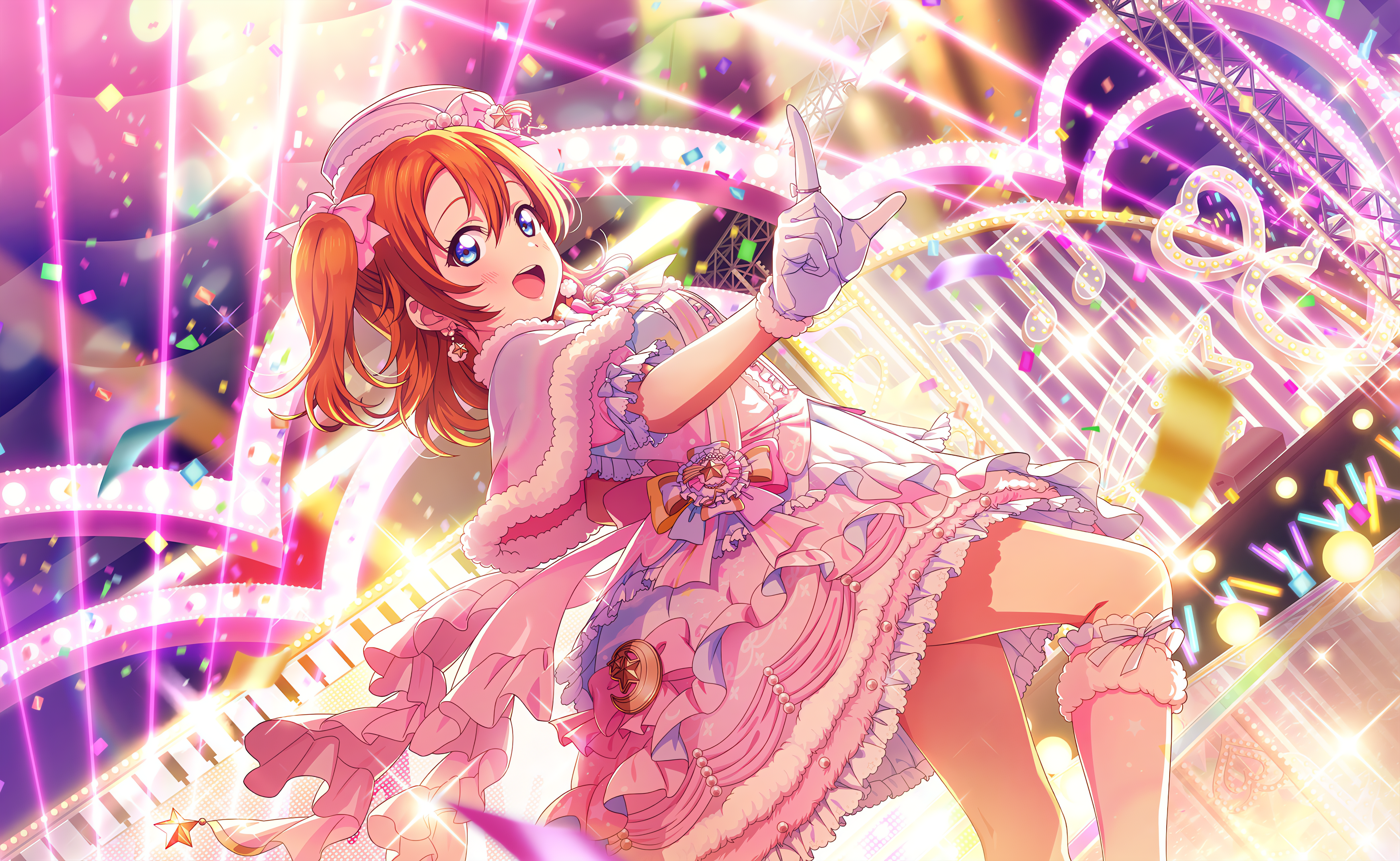 Anime 4096x2520 Kousaka Honoka Love Live! anime anime girls gloves dress stages stage light open mouth earring looking at viewer stars lights hat