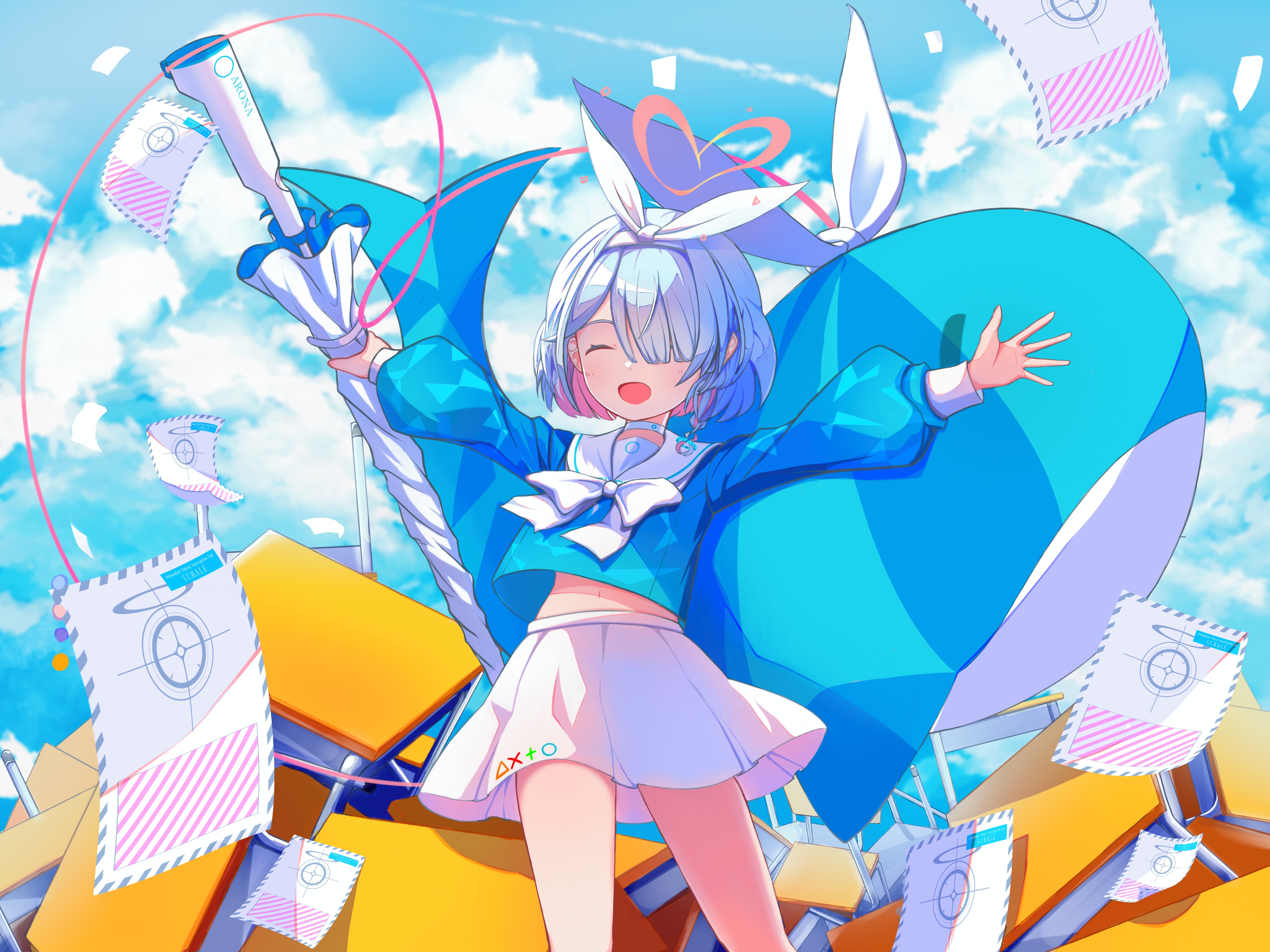 Anime 4000x3000 anime anime girls Blue Archive short hair two tone hair closed eyes open mouth paper arona (blue archive) schoolgirl school uniform sky clouds umbrella desk bow tie
