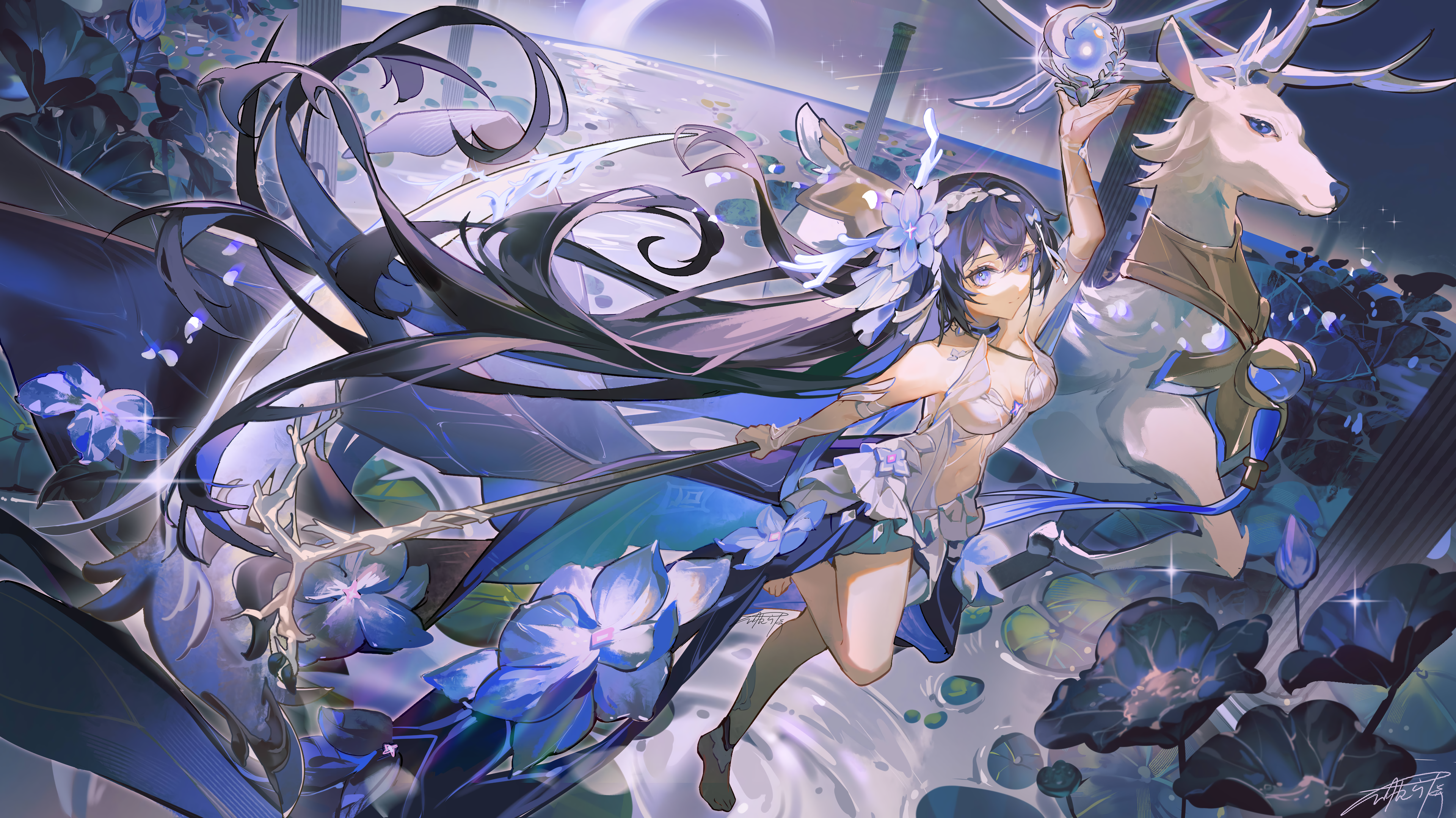 Anime 3840x2160 anime anime girls long hair flowers signature water animals blue hair blue eyes smiling water lilies Moon looking at viewer crescent moon petals stars
