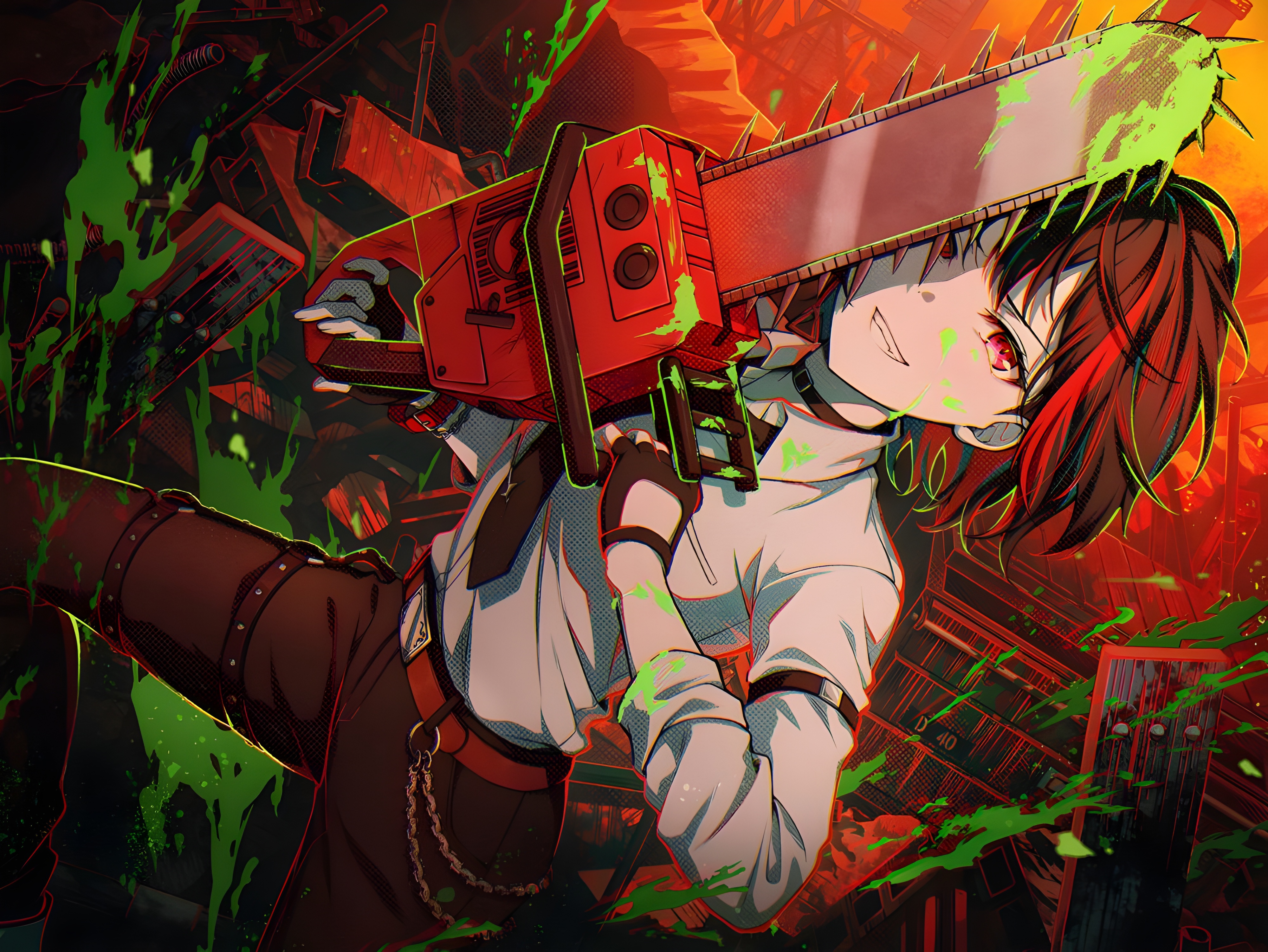 Anime 4000x3004 anime anime girls BanG Dream! Ran Mitake (BanG Dream!) Chainsaw Man Denji (Chainsaw Man) crossover looking at viewer smiling chainsaws gloves fingerless gloves
