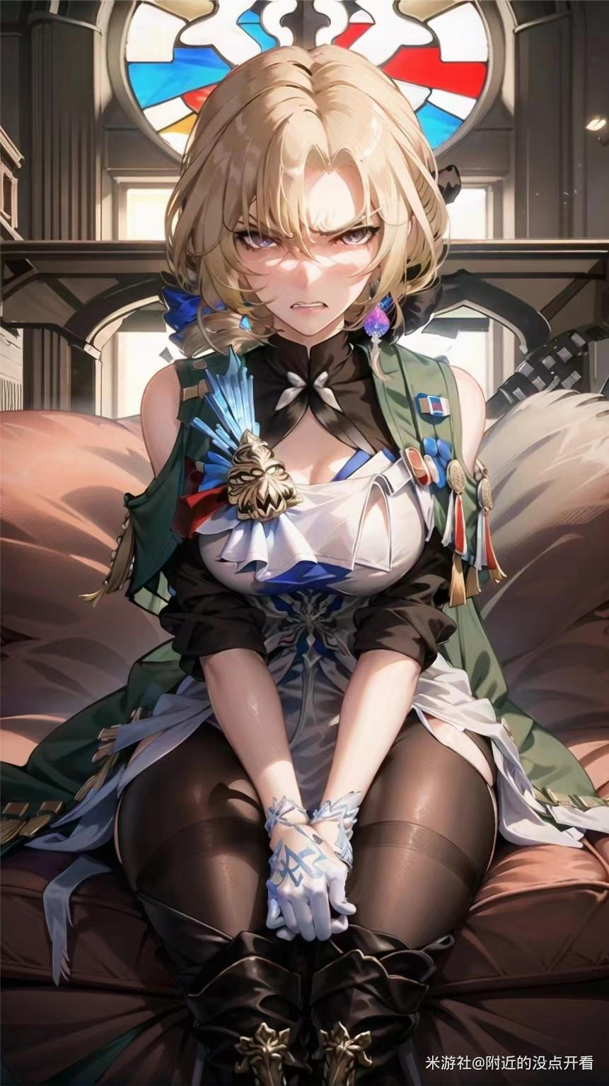 Anime 861x1536 Cocolia (Honkai: Star Rail) Honkai: Star Rail AI art portrait display anime girls digital art sitting pantyhose gloves looking at viewer angry stained glass blonde